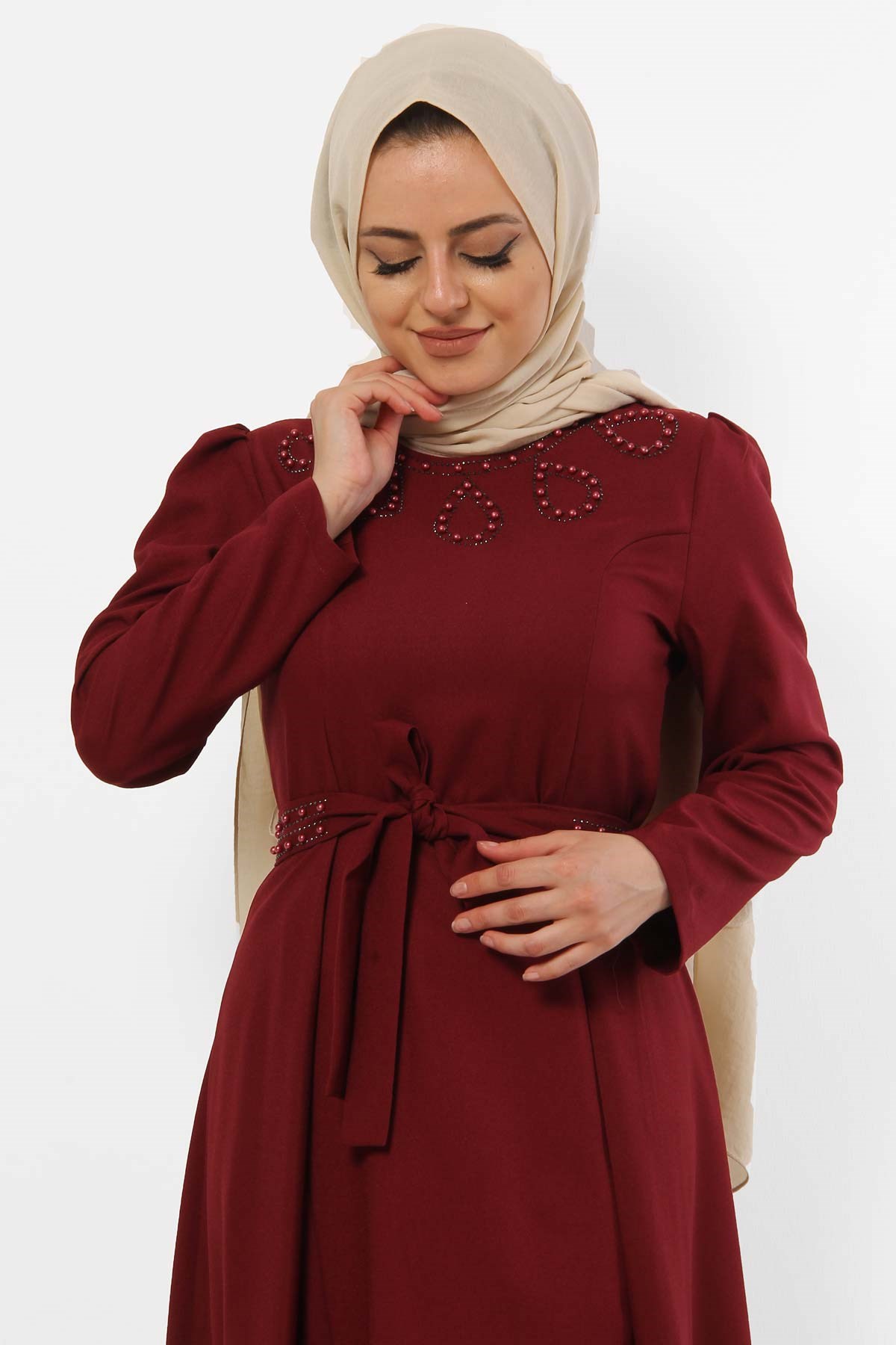 Damla Deseni İncili Tesettür Tunik Bordo Bordo 8377-1