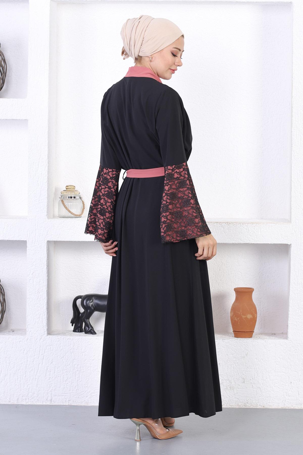 Dantel Detaylı Abaya Gül Kurusu 12212