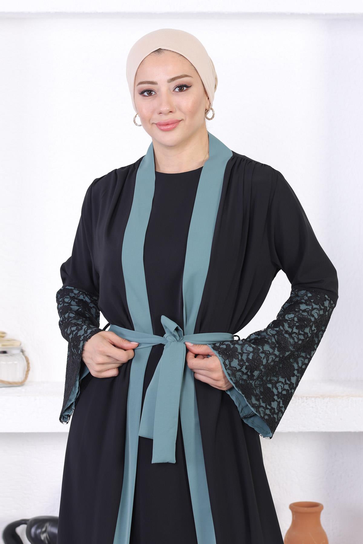 Dantel Detaylı Abaya Mint 12212