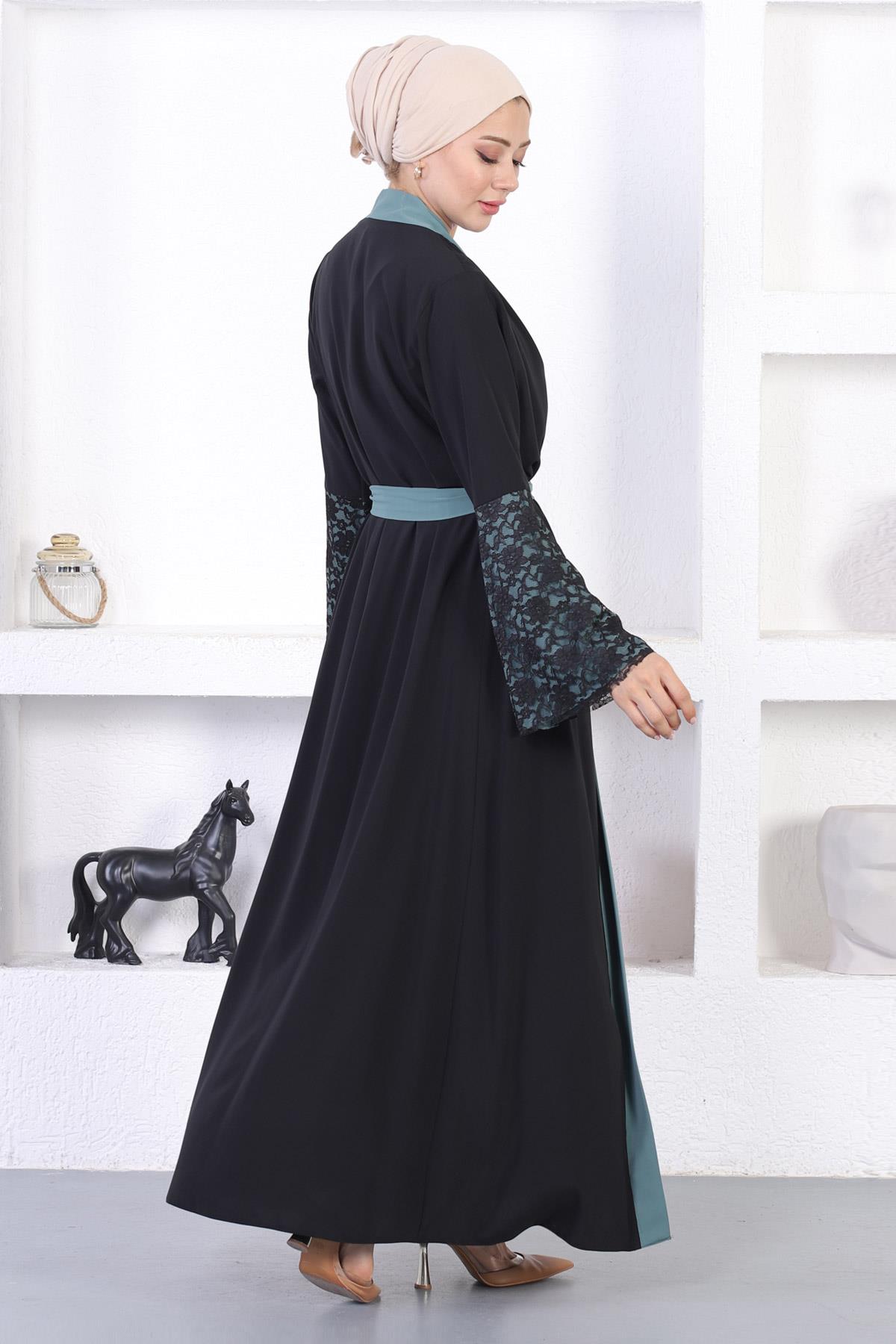 Dantel Detaylı Abaya Mint 12212