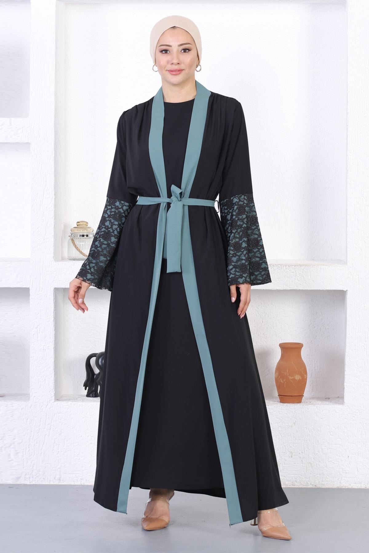 Dantel Detaylı Abaya Mint 12212