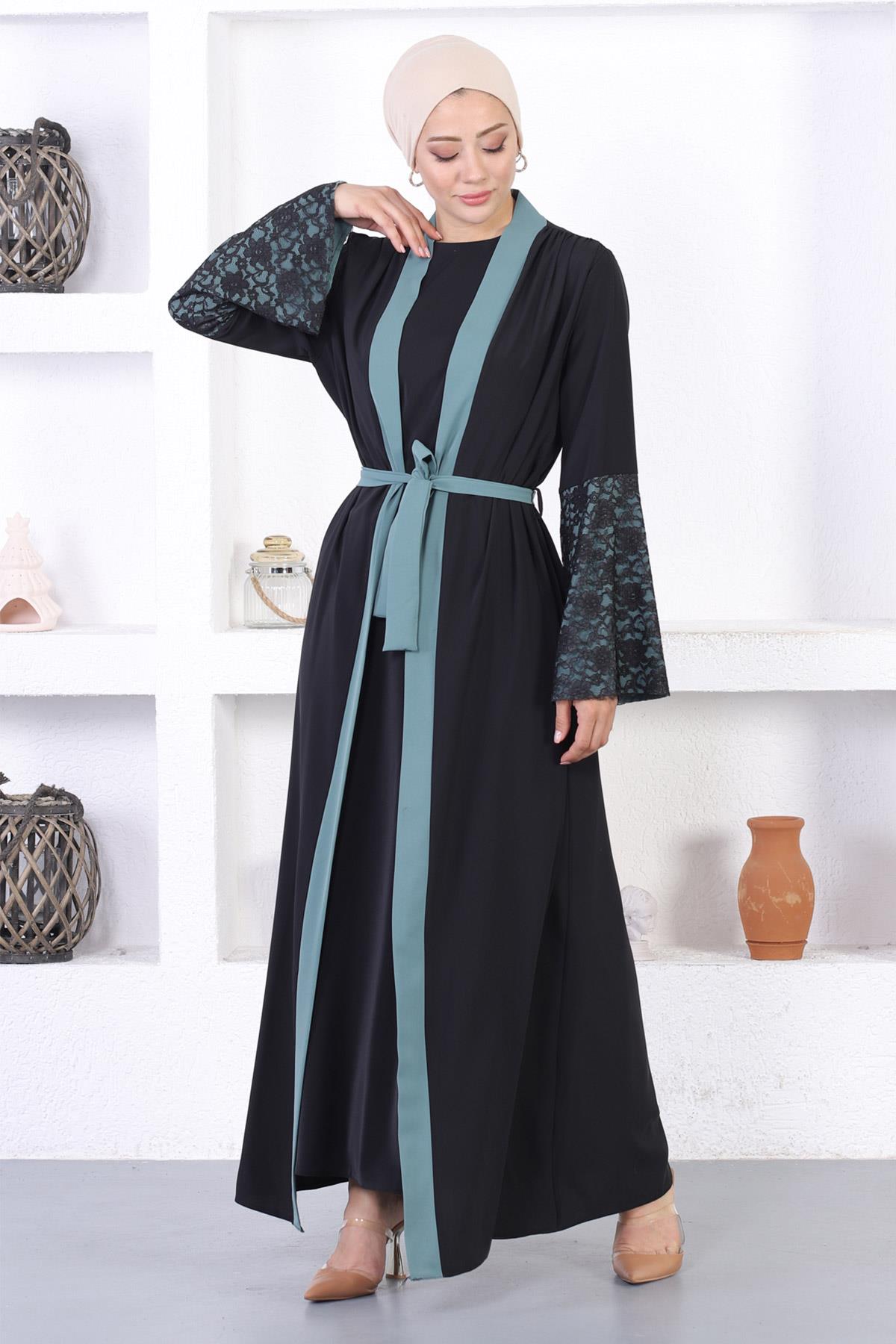 Dantel Detaylı Abaya Mint 12212