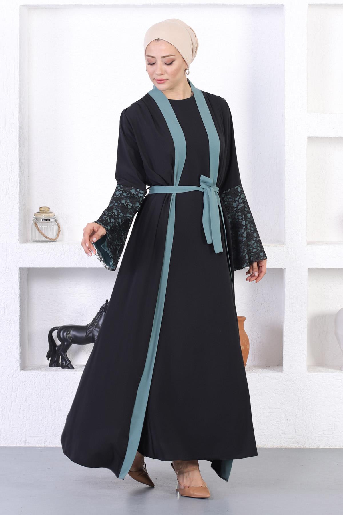 Dantel Detaylı Abaya Mint 12212