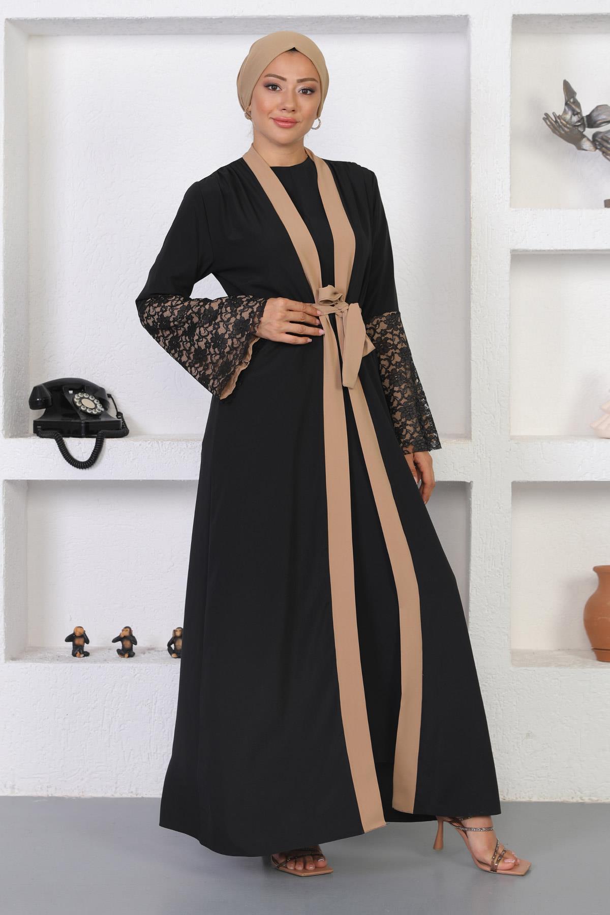 Dantel Detaylı Abaya Vizon 12212