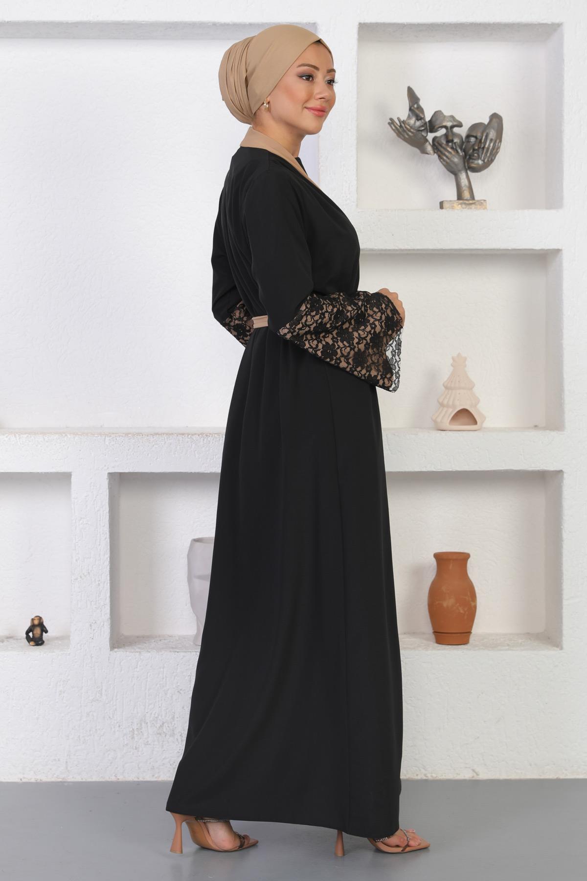Dantel Detaylı Abaya Vizon 12212