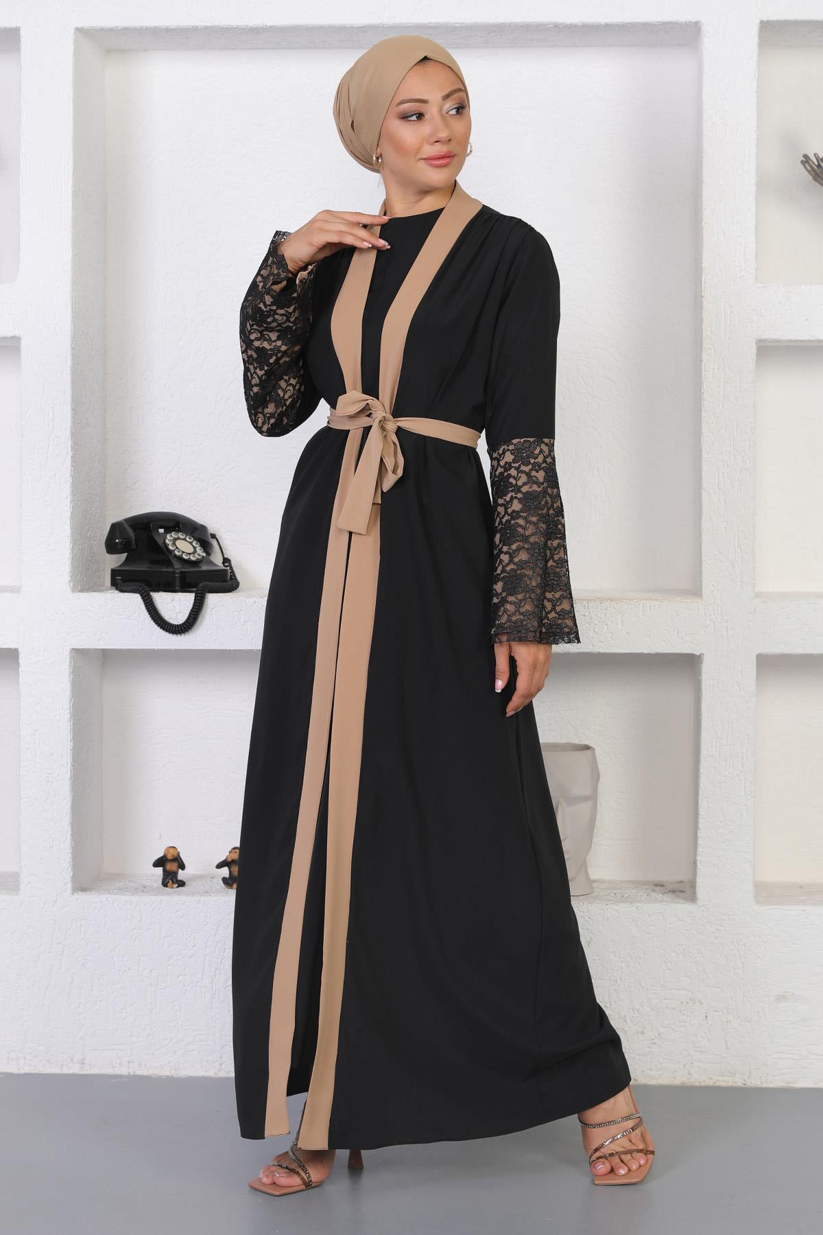 Dantel Detaylı Abaya Vizon 12212