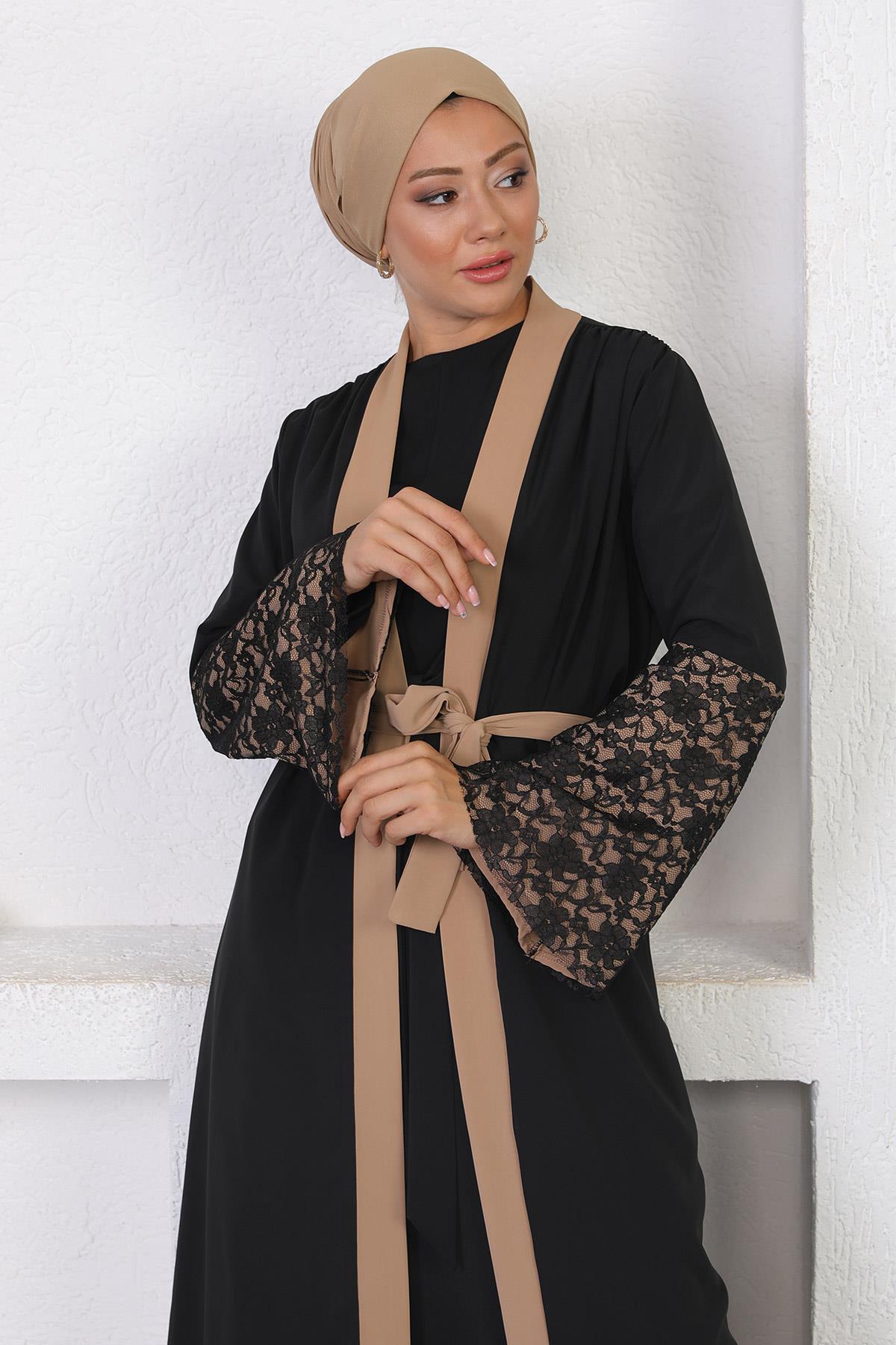 Dantel Detaylı Abaya Vizon 12212