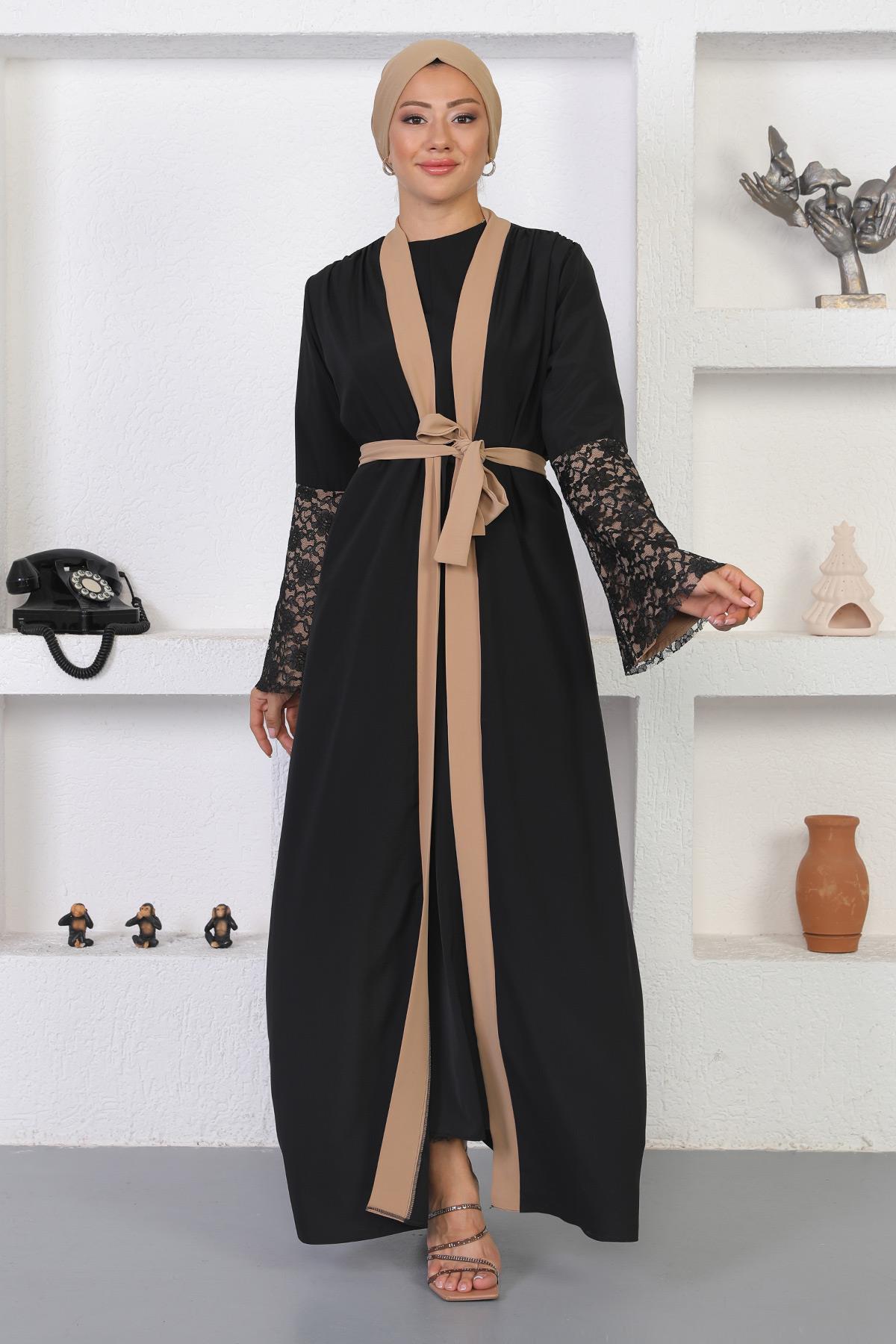 Dantel Detaylı Abaya Vizon 12212