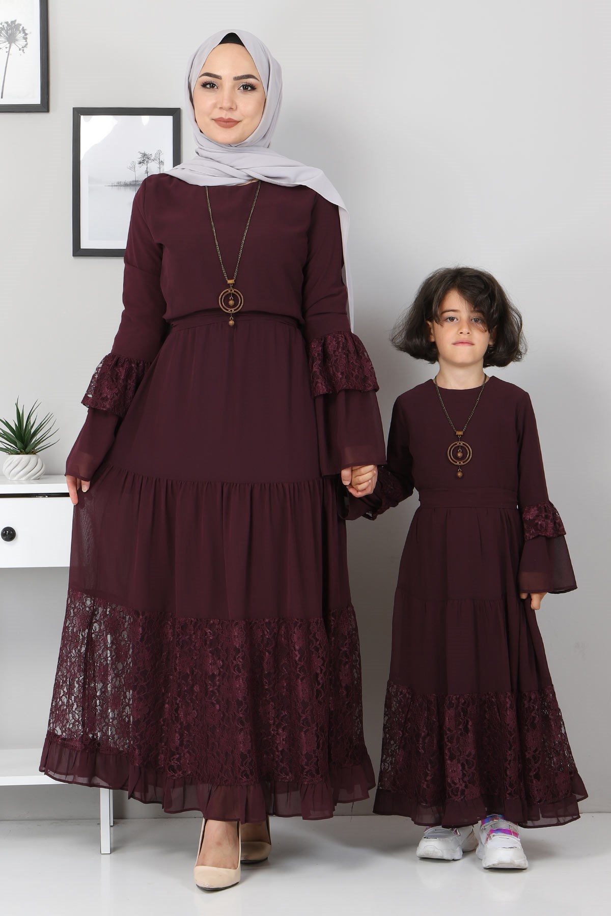 Dantel Detaylı Çocuk Elbise Mürdüm 10817