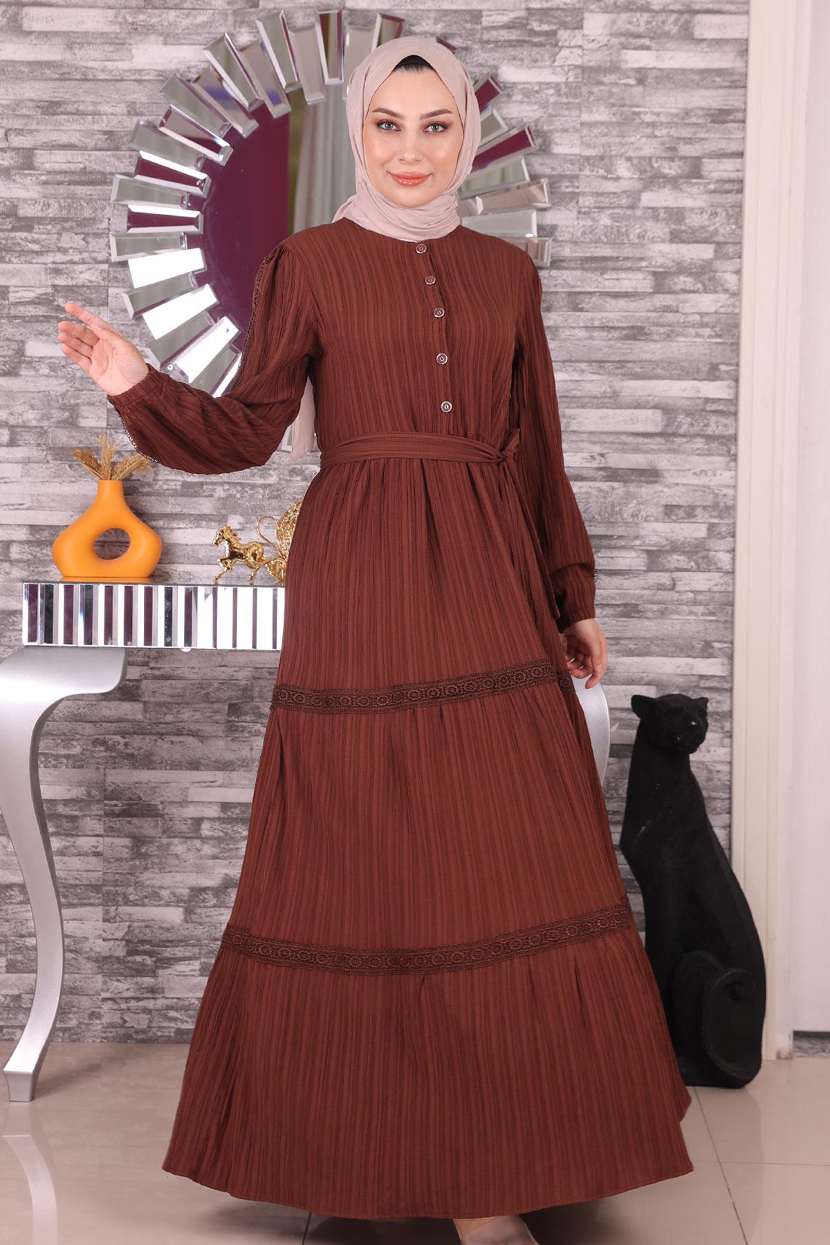 Dantel Detaylı Elbise Kahverengi 19141