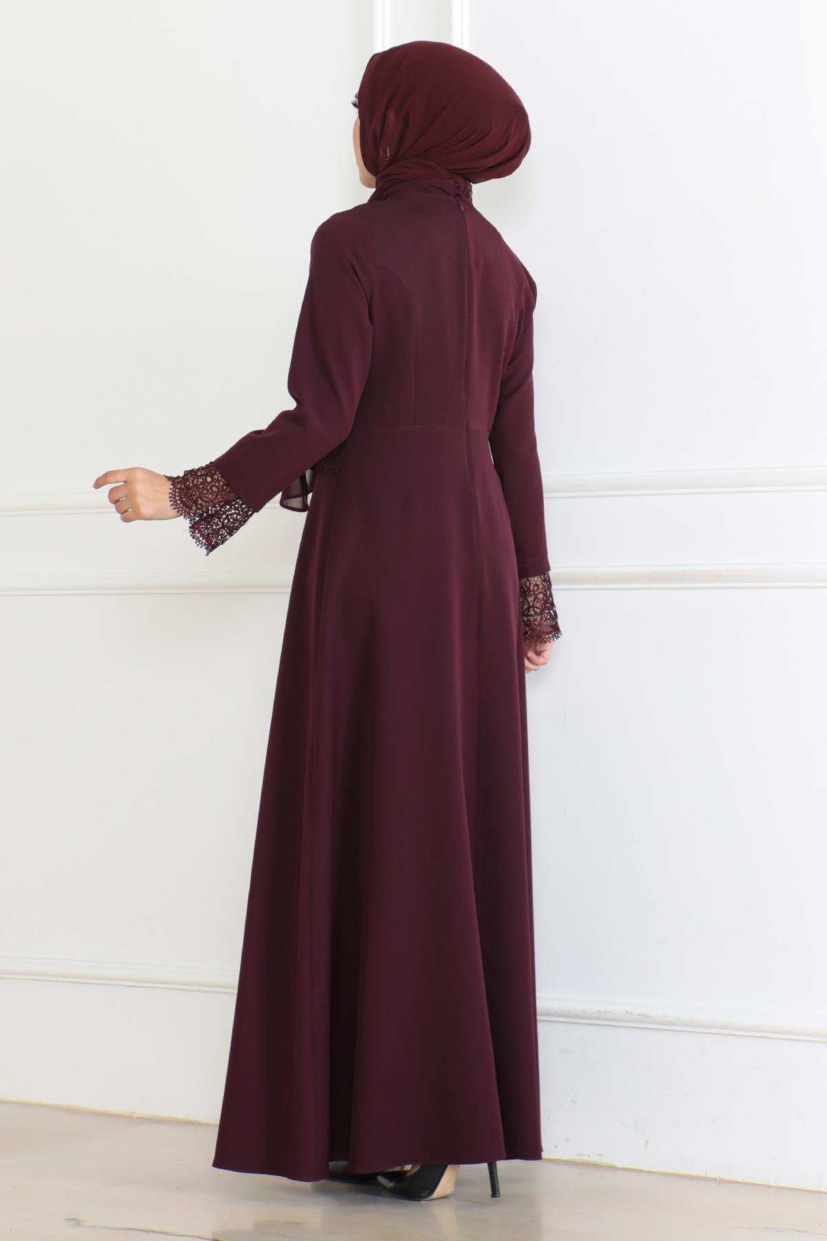 Dantel Detaylı Elbise Mürdüm 6117
