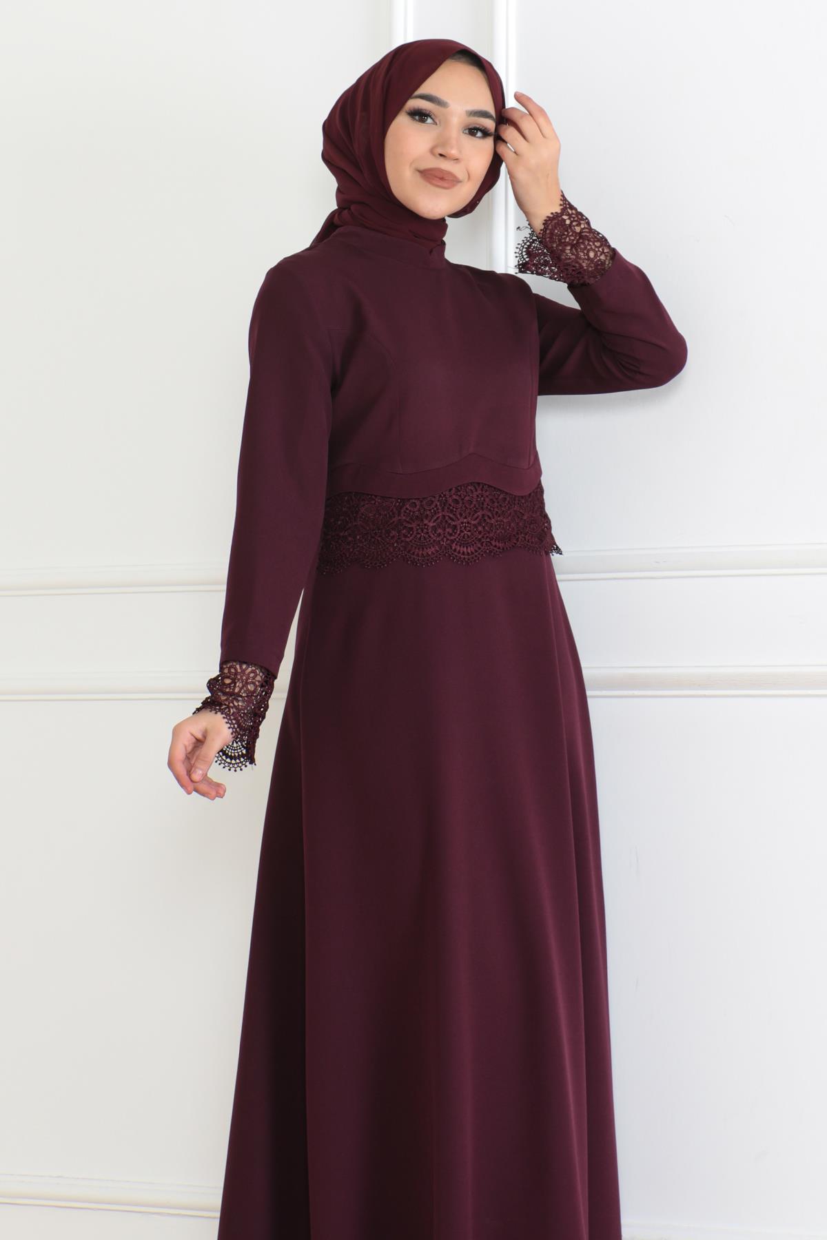 Dantel Detaylı Elbise Mürdüm 6117