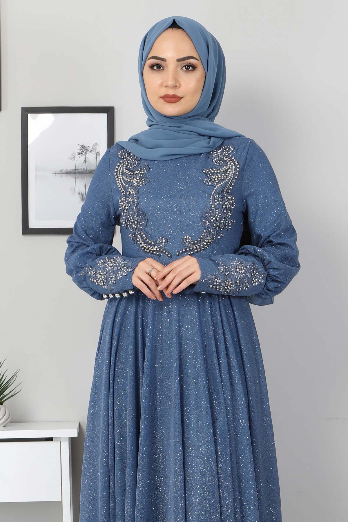 Dantel Detaylı Simli Abiye Mavi 10755