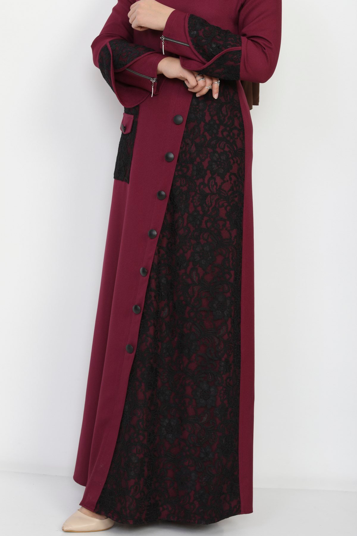Dantel Detaylı Tesettür Elbise Mürdüm Mürdüm 9907-4