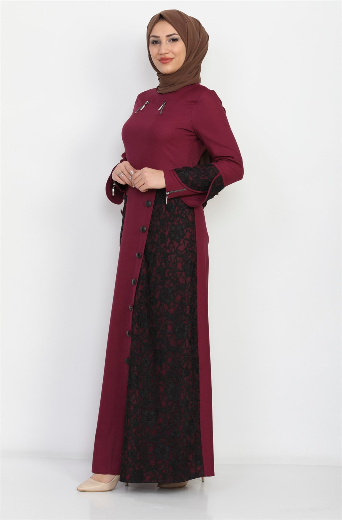 Dantel Detaylı Tesettür Elbise Mürdüm Mürdüm 9907-4