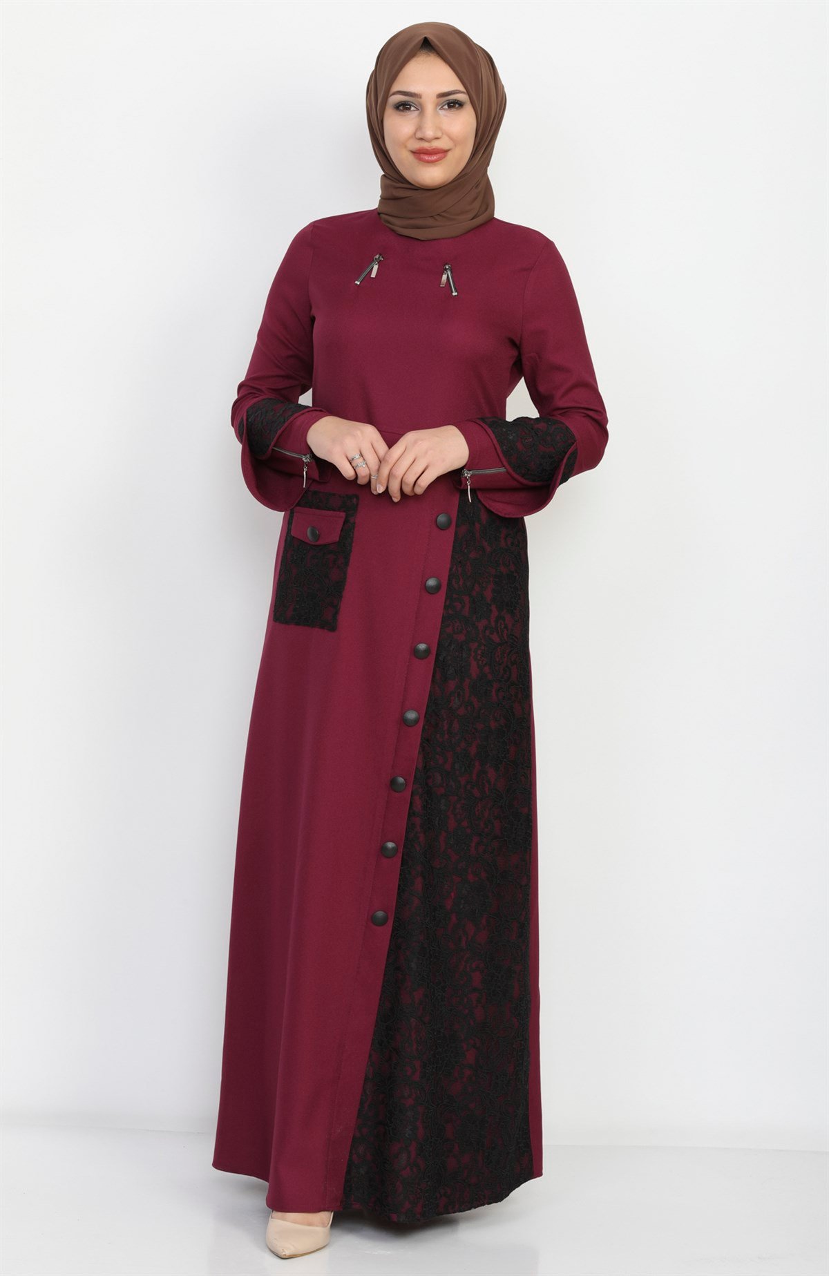 Dantel Detaylı Tesettür Elbise Mürdüm Mürdüm 9907-4