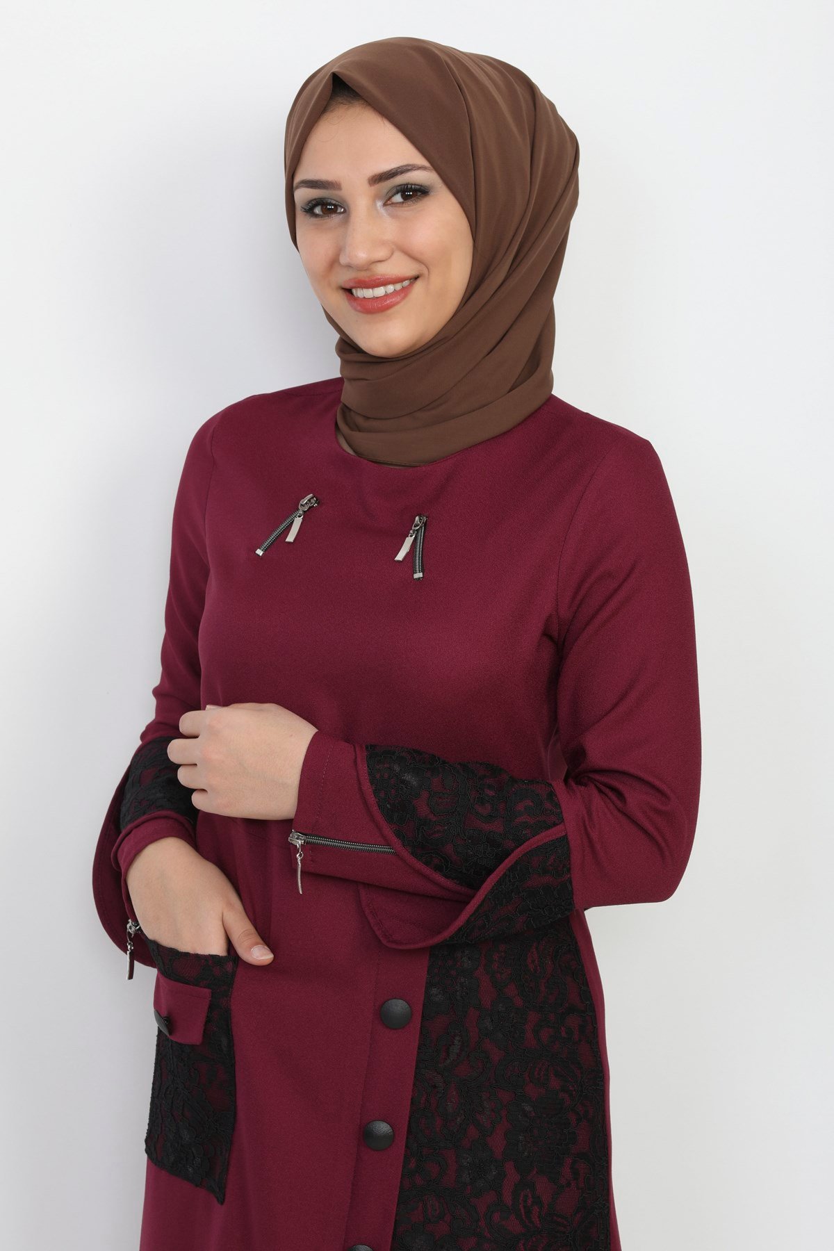 Dantel Detaylı Tesettür Elbise Mürdüm Mürdüm 9907-4