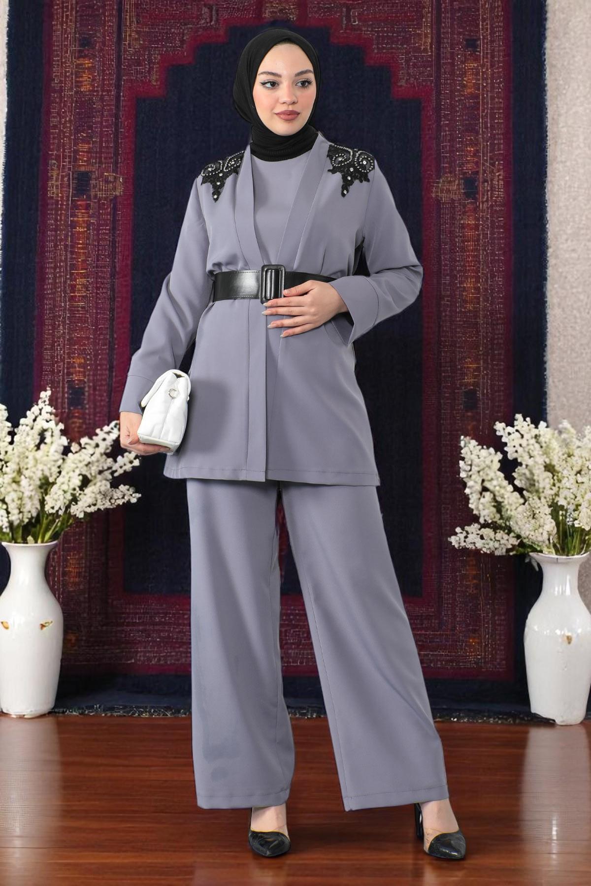 Dantel Detaylı Tulum Takım Gri 19003