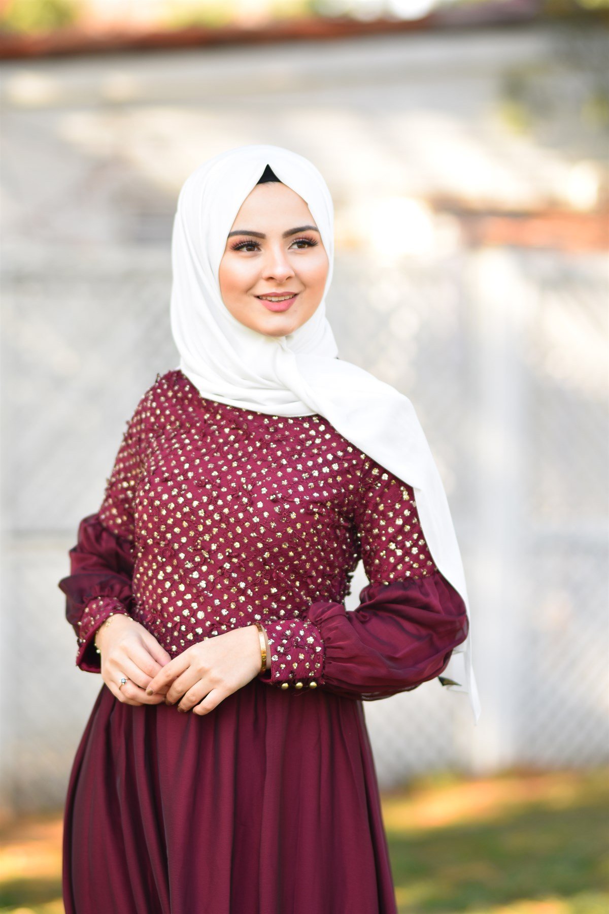 Danteli Simli Şifon Tesettür Elbise Bordo Bordo 8959-1