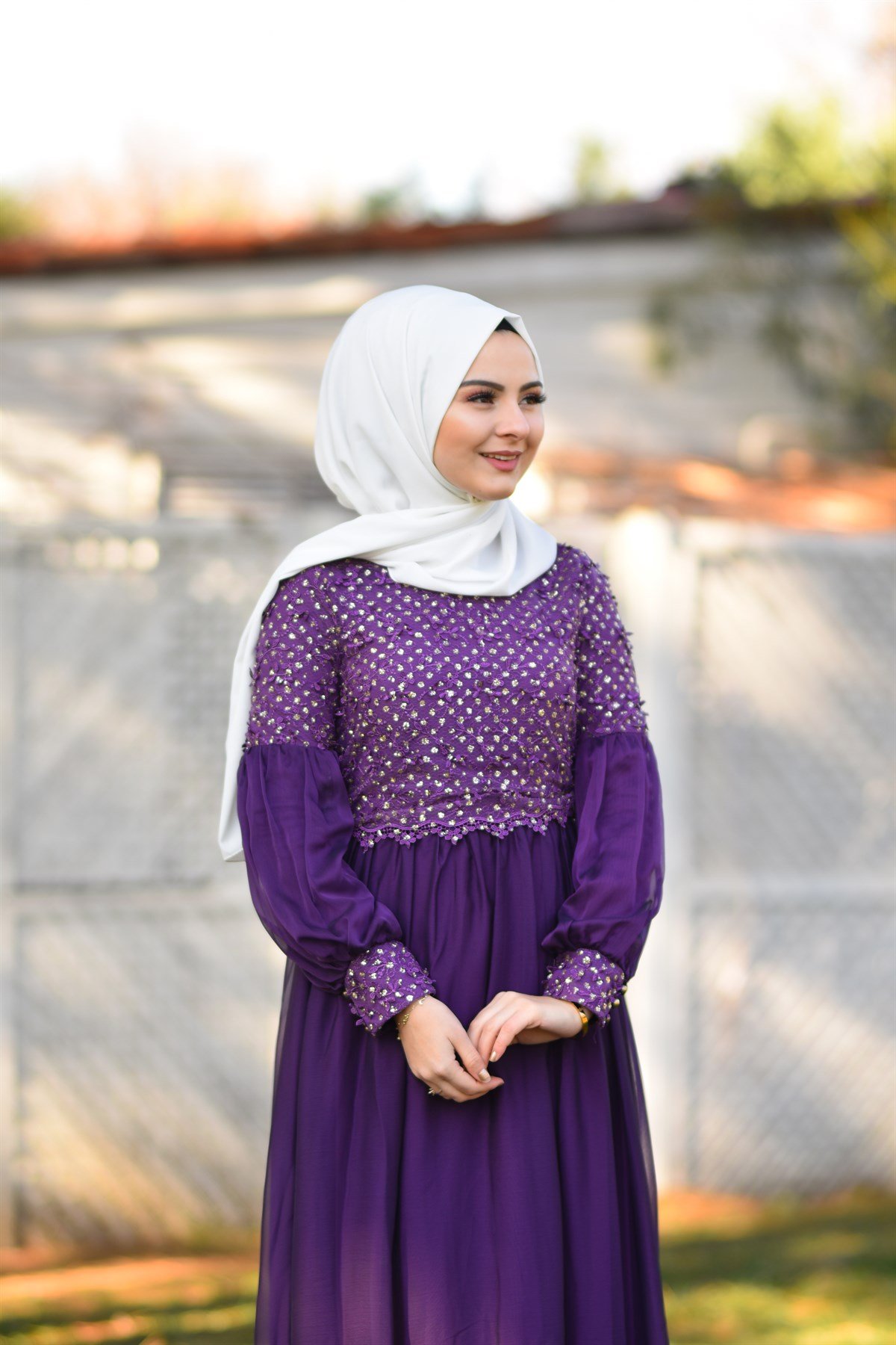 Danteli Simli Şifon Tesettür Elbise Mor Mor 8959-3