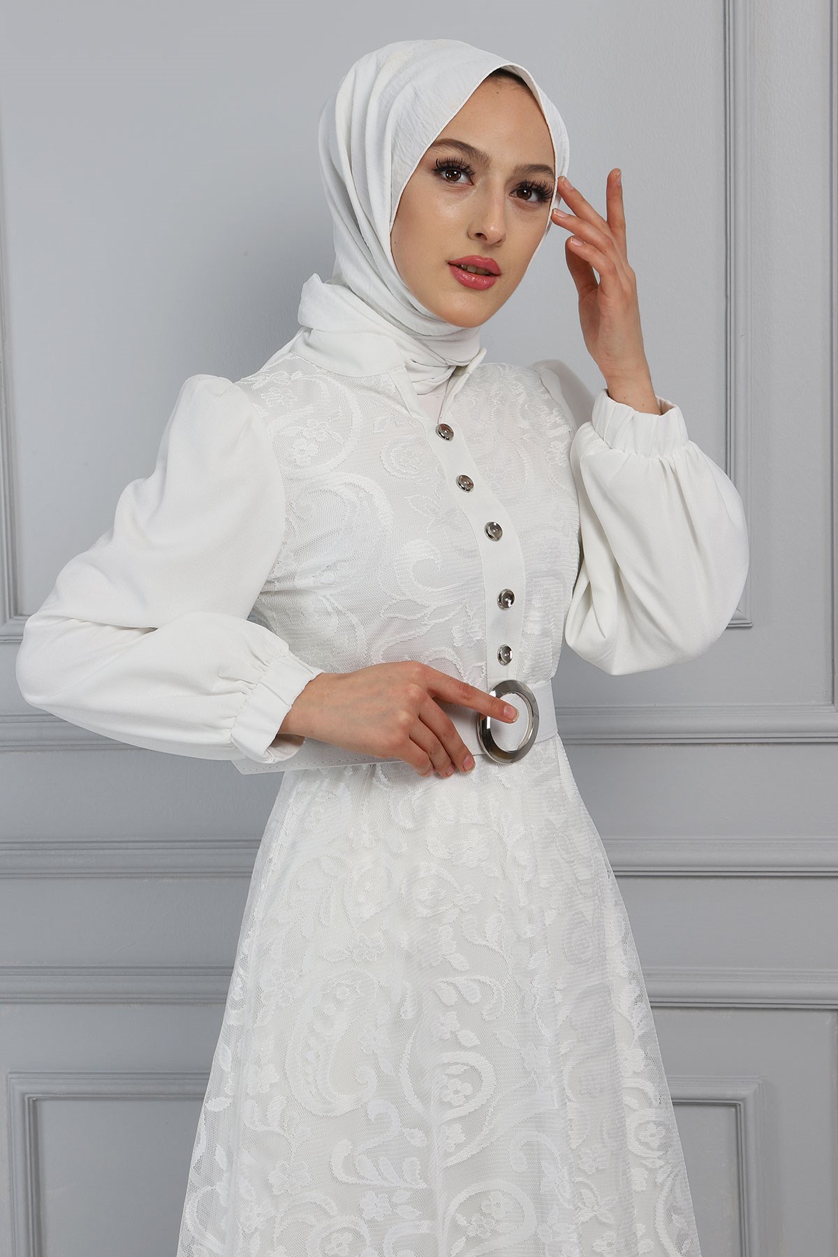 Dantelli Düğmeli Abiye Beyaz 11601