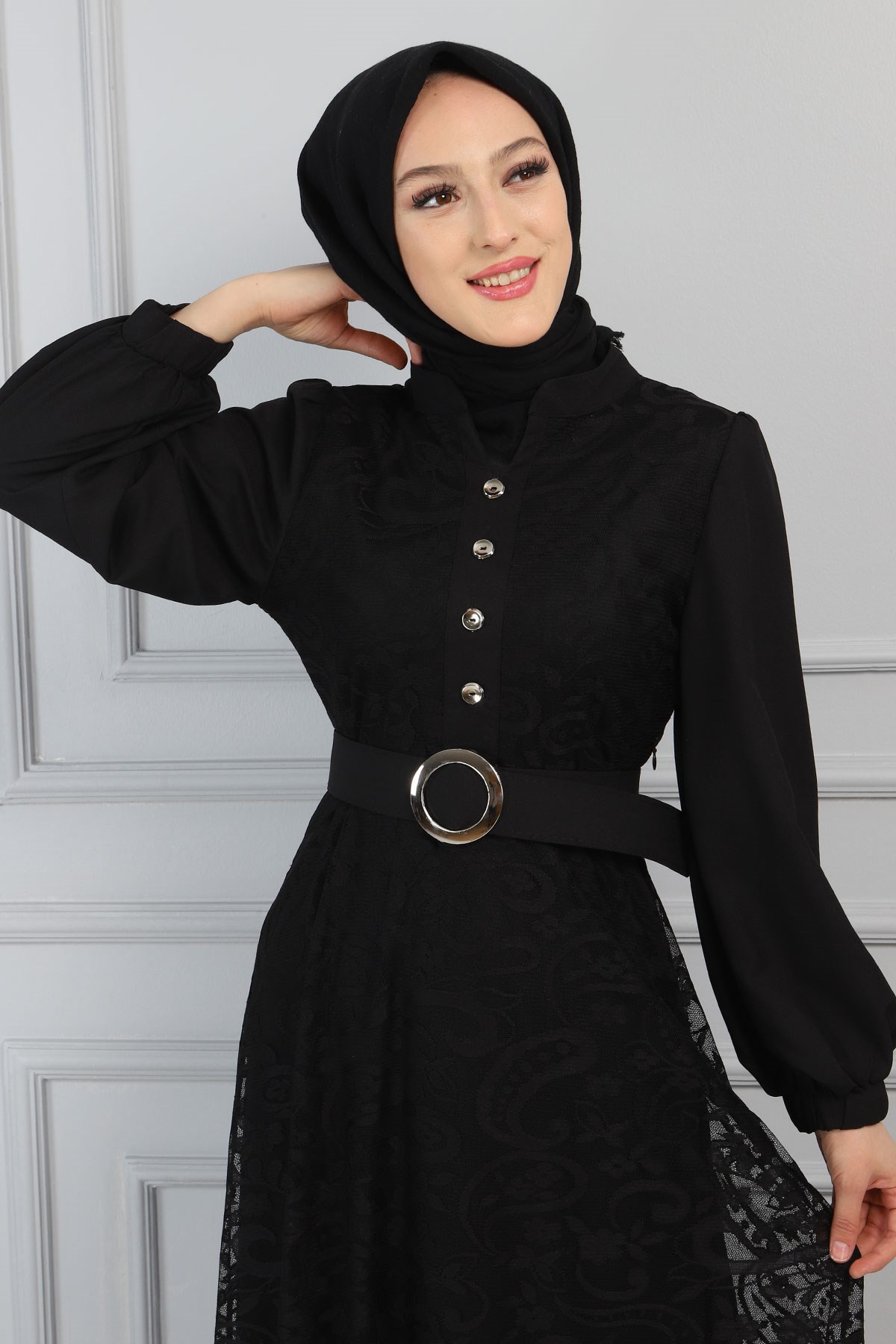 Dantelli Düğmeli Abiye Siyah 11601