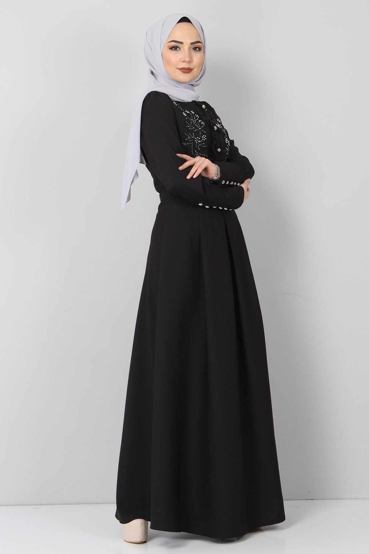 Dantelli Fırfırlı Elbise Siyah 9417