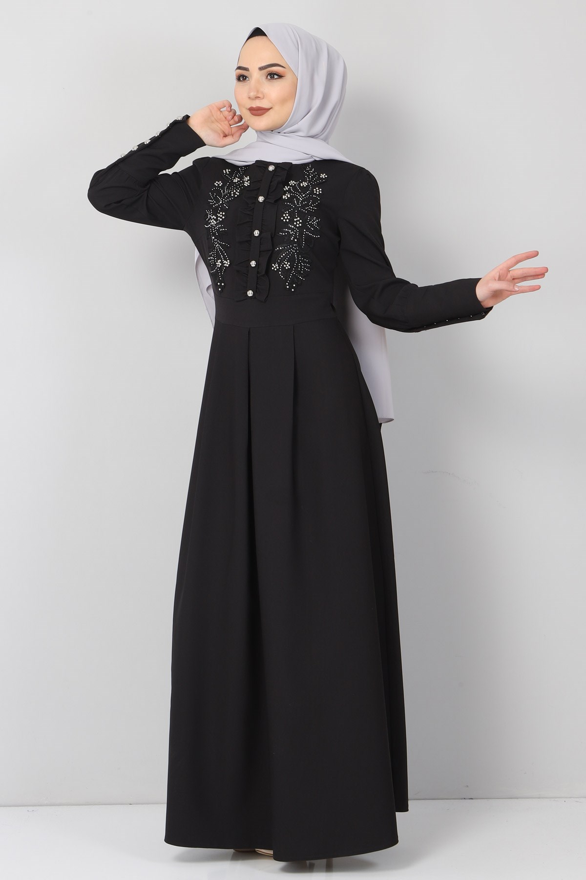 Dantelli Fırfırlı Elbise Siyah 9417