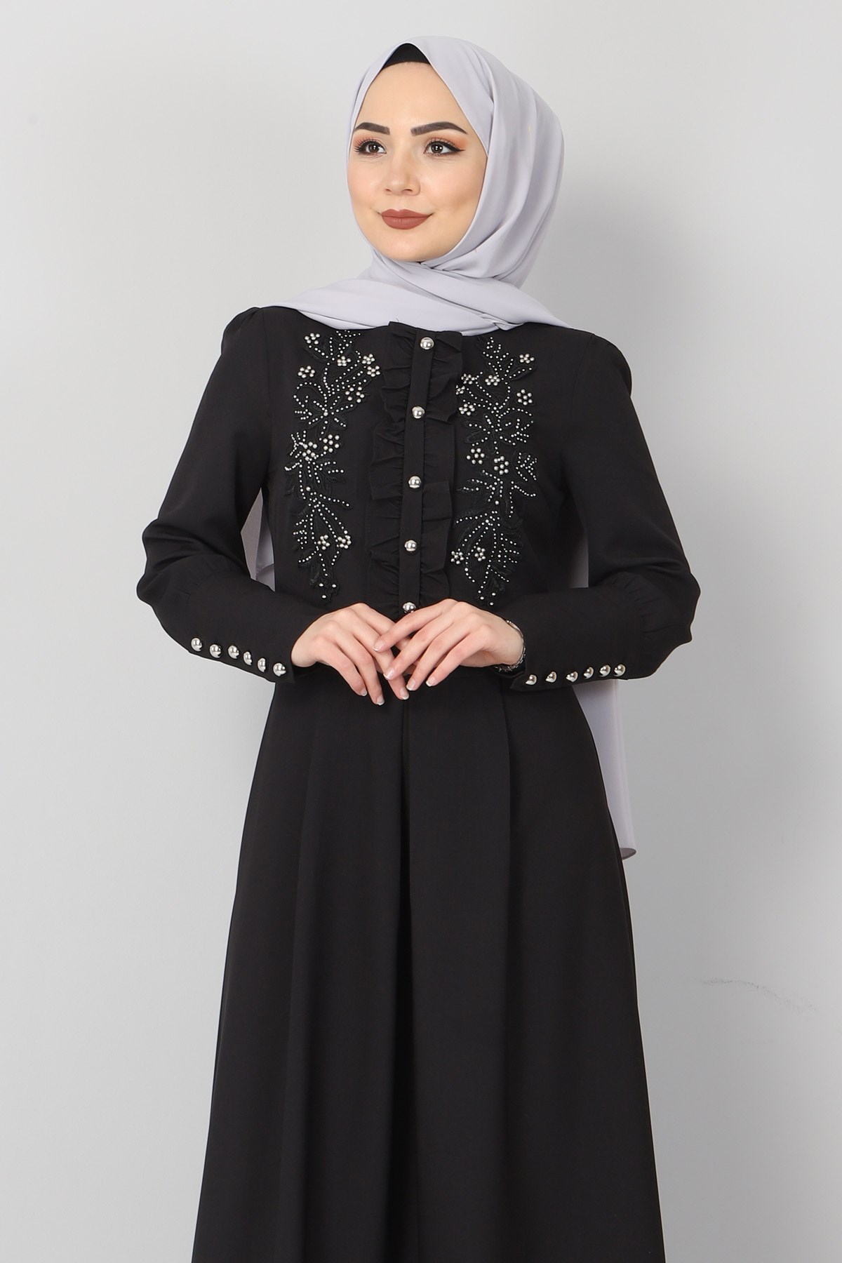 Dantelli Fırfırlı Elbise Siyah 9417