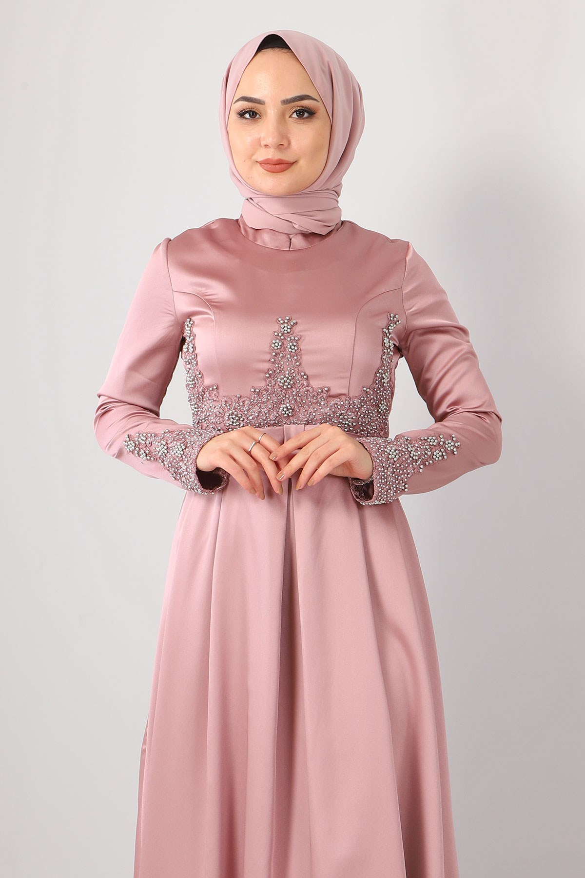 Dantelli İncili Saten Abiye Lila 8947
