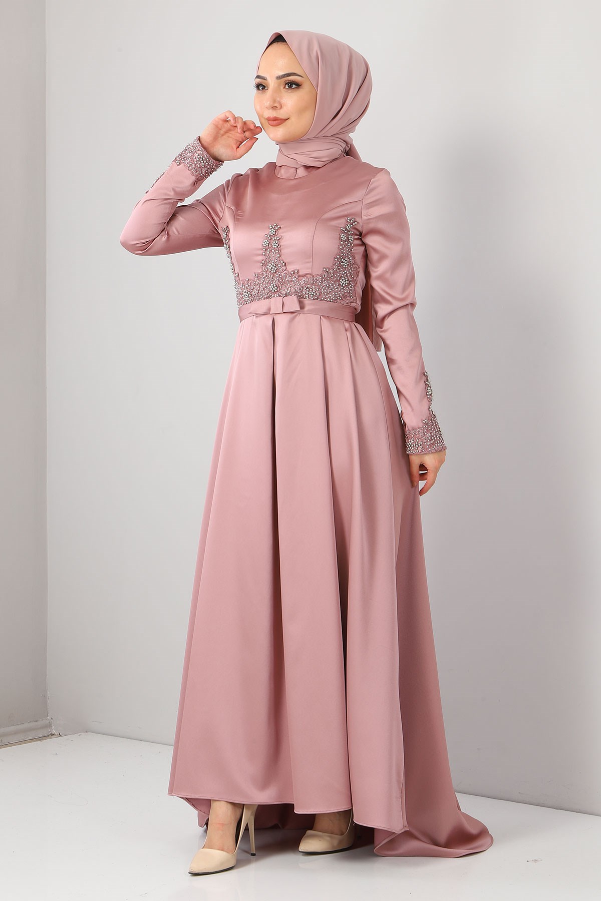 Dantelli İncili Saten Abiye Lila 8947