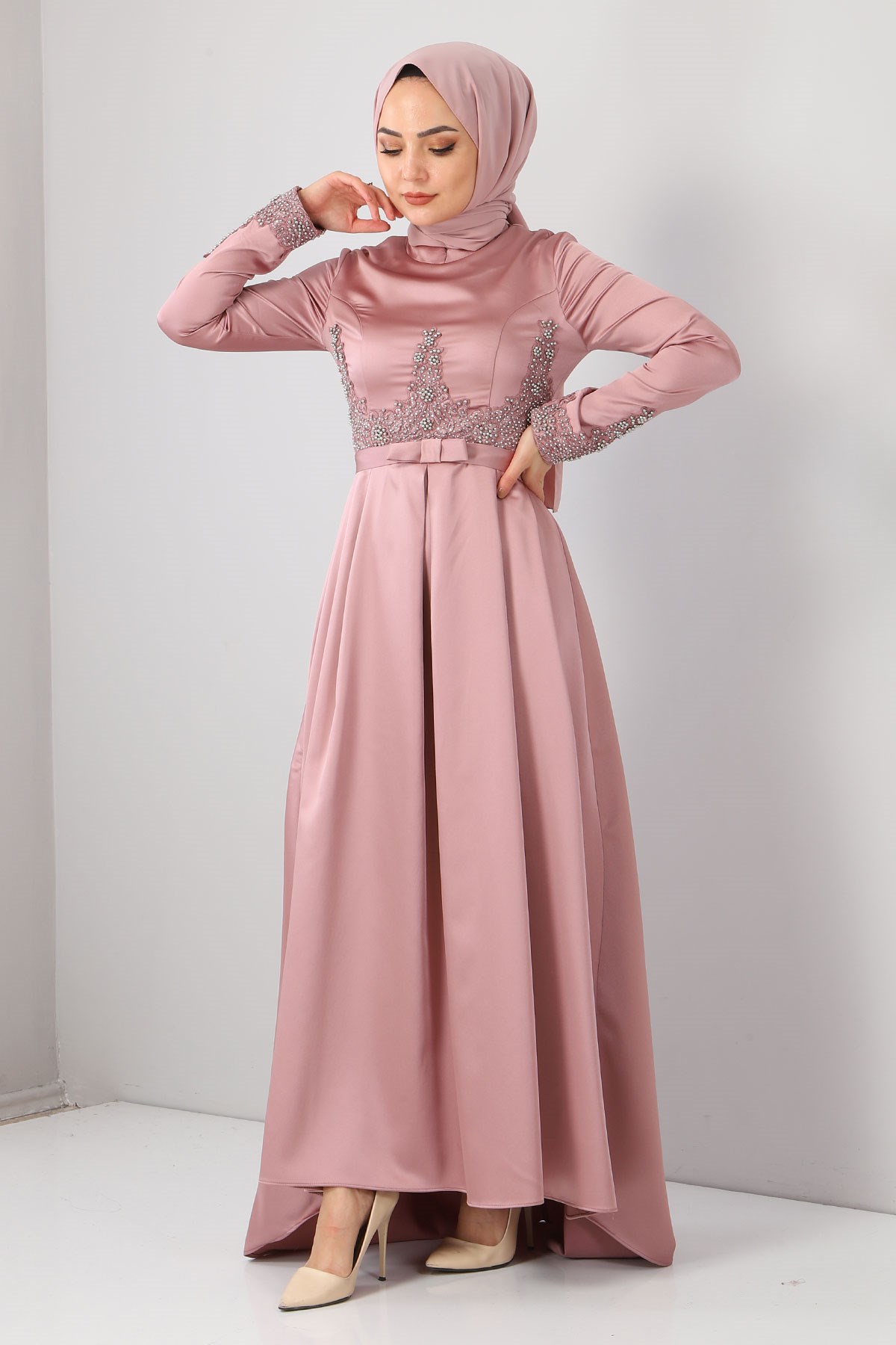 Dantelli İncili Saten Abiye Lila 8947