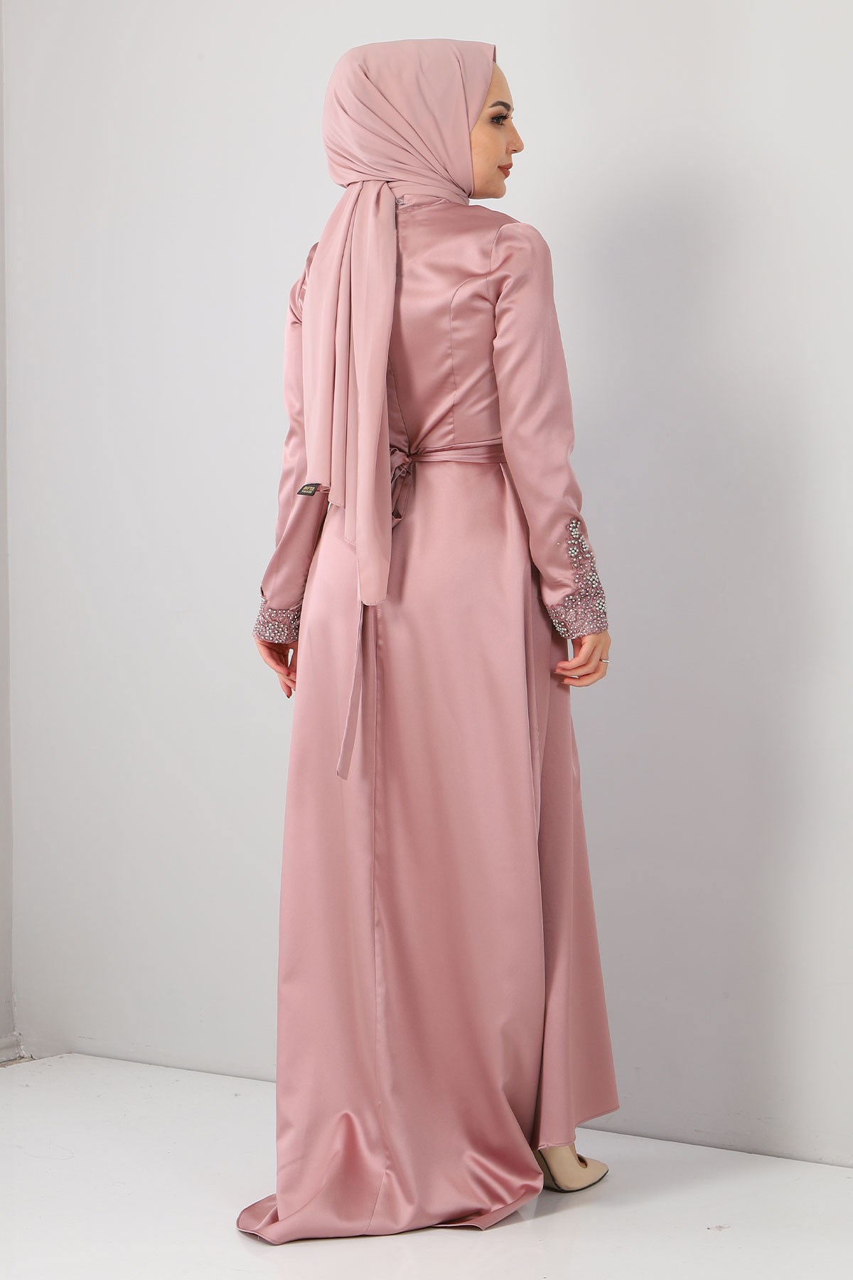 Dantelli İncili Saten Abiye Lila 8947