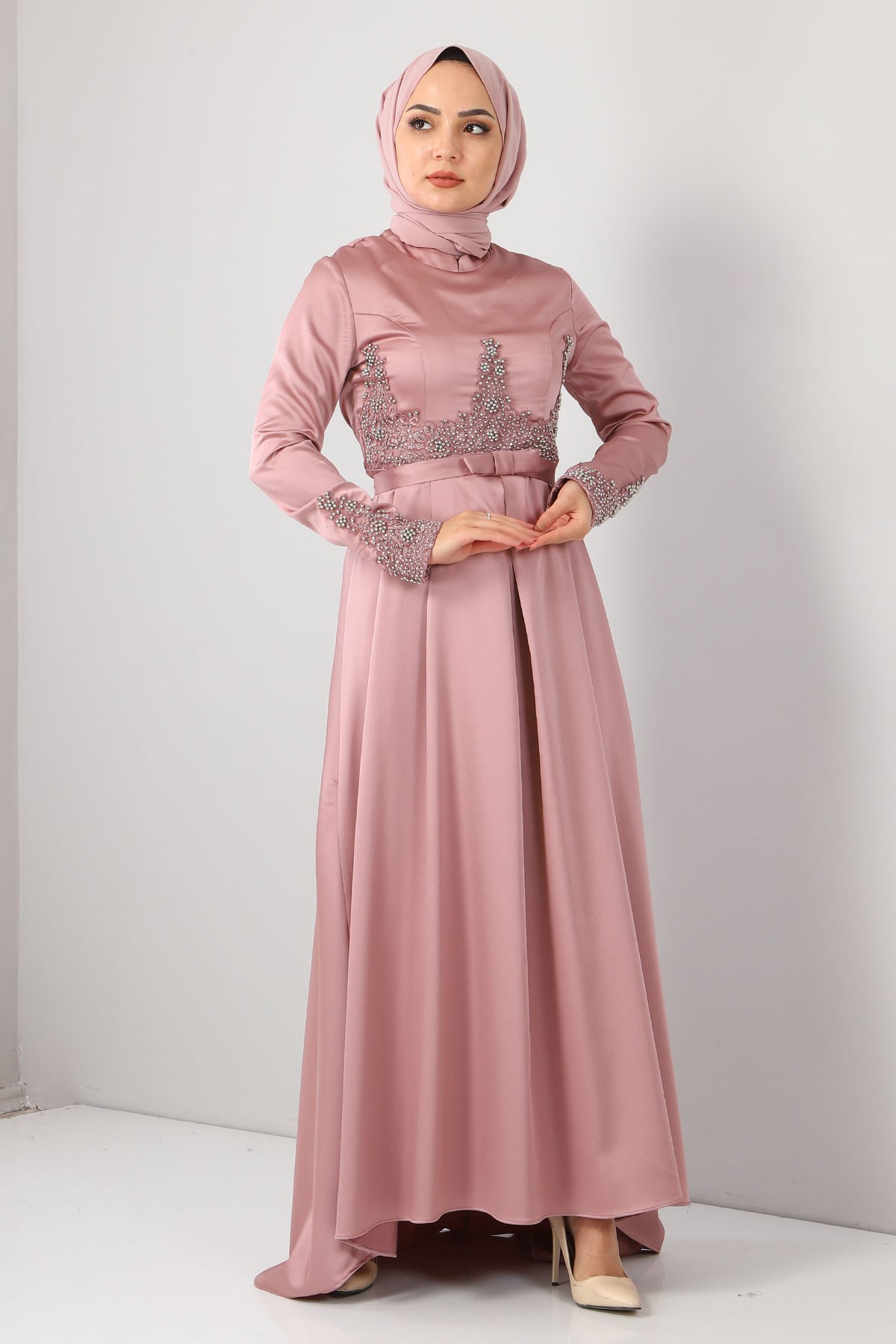 Dantelli İncili Saten Abiye Lila 8947