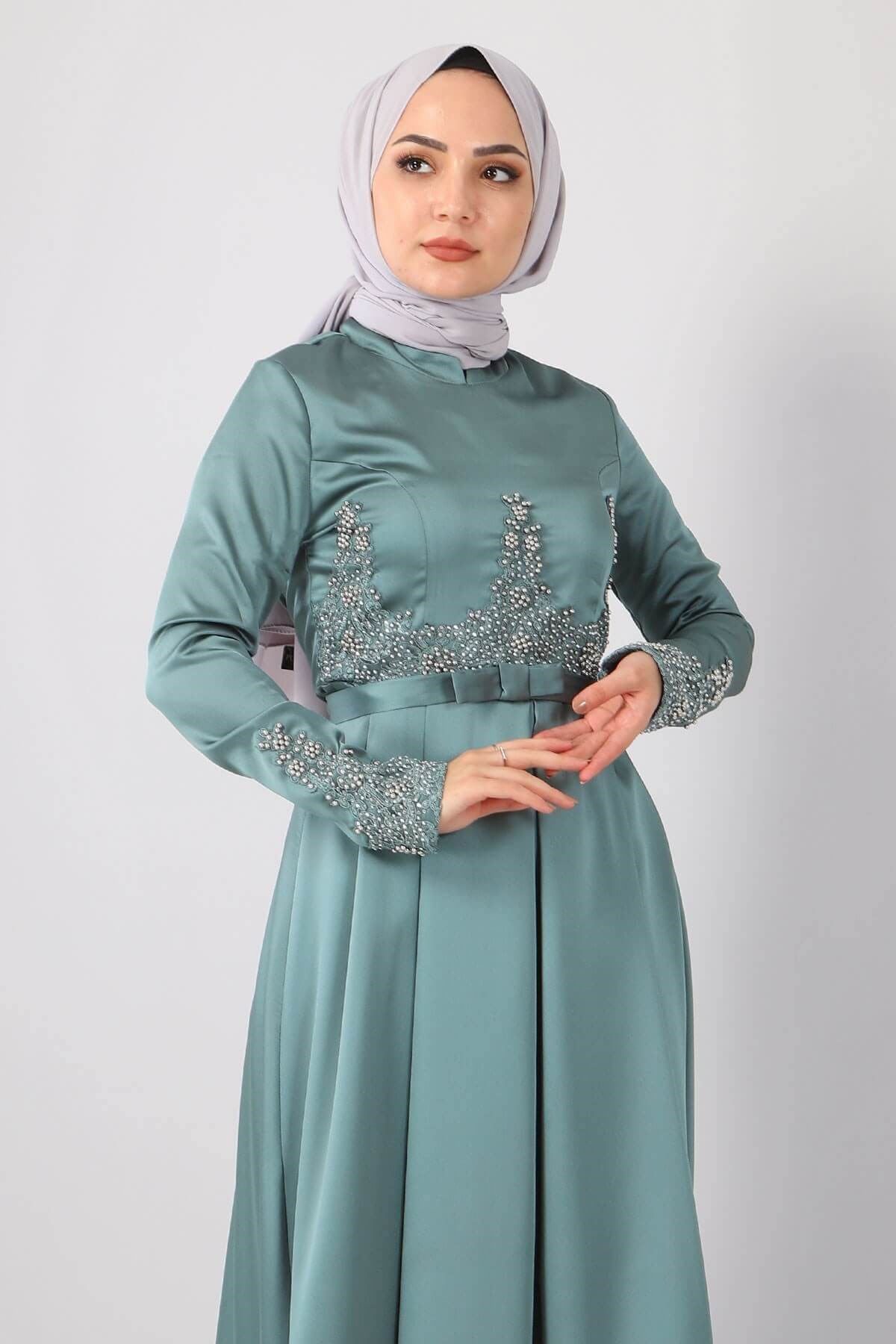 Dantelli İncili Saten Abiye Mint 8947