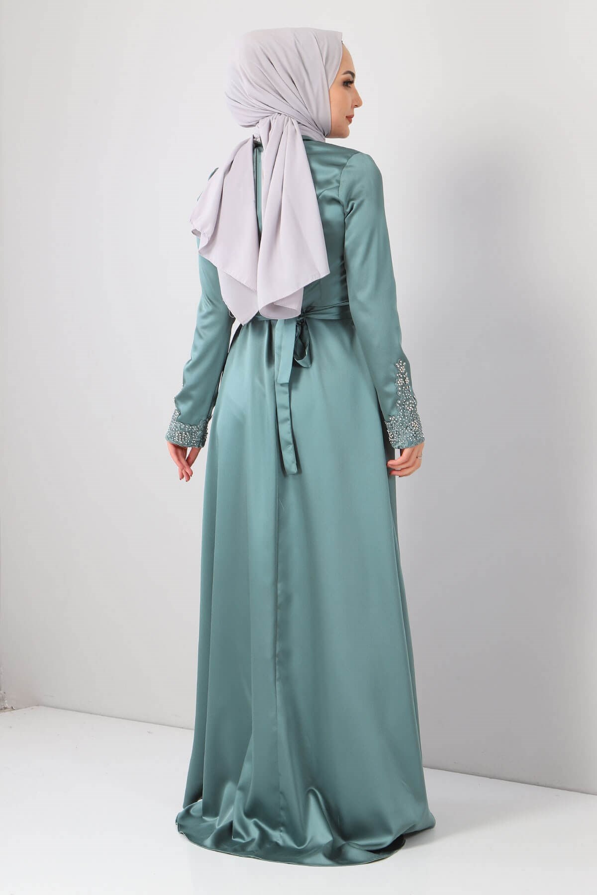 Dantelli İncili Saten Abiye Mint 8947