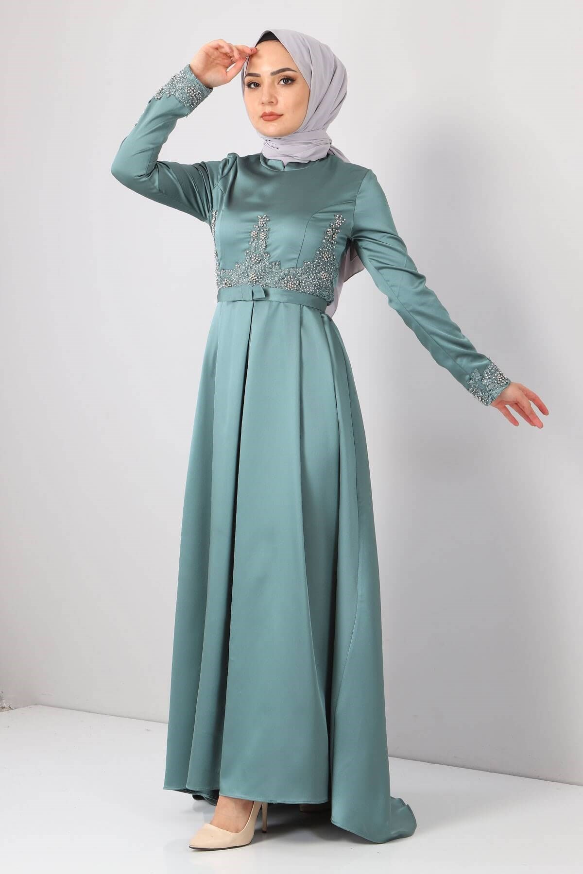 Dantelli İncili Saten Abiye Mint 8947