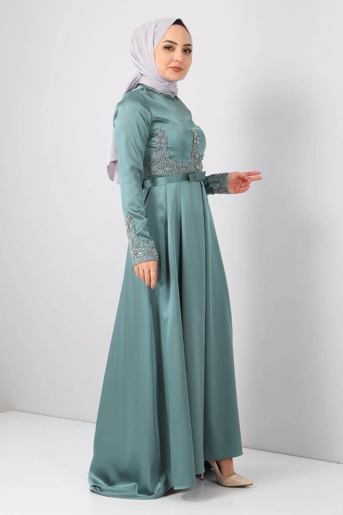 Dantelli İncili Saten Abiye Mint 8947