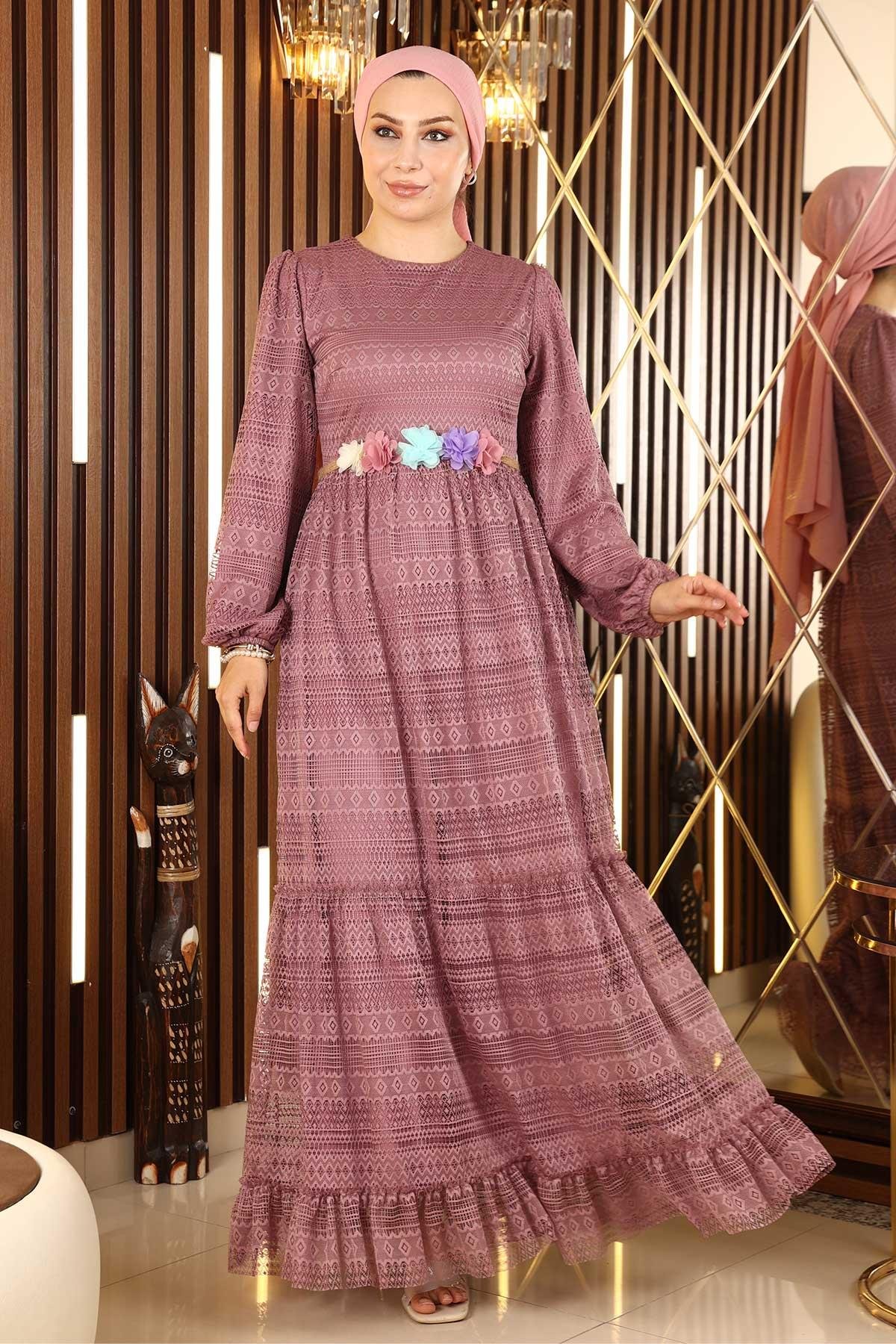 Dantelli Kemeri Çiçekli Elbise Gül Kurusu 10242