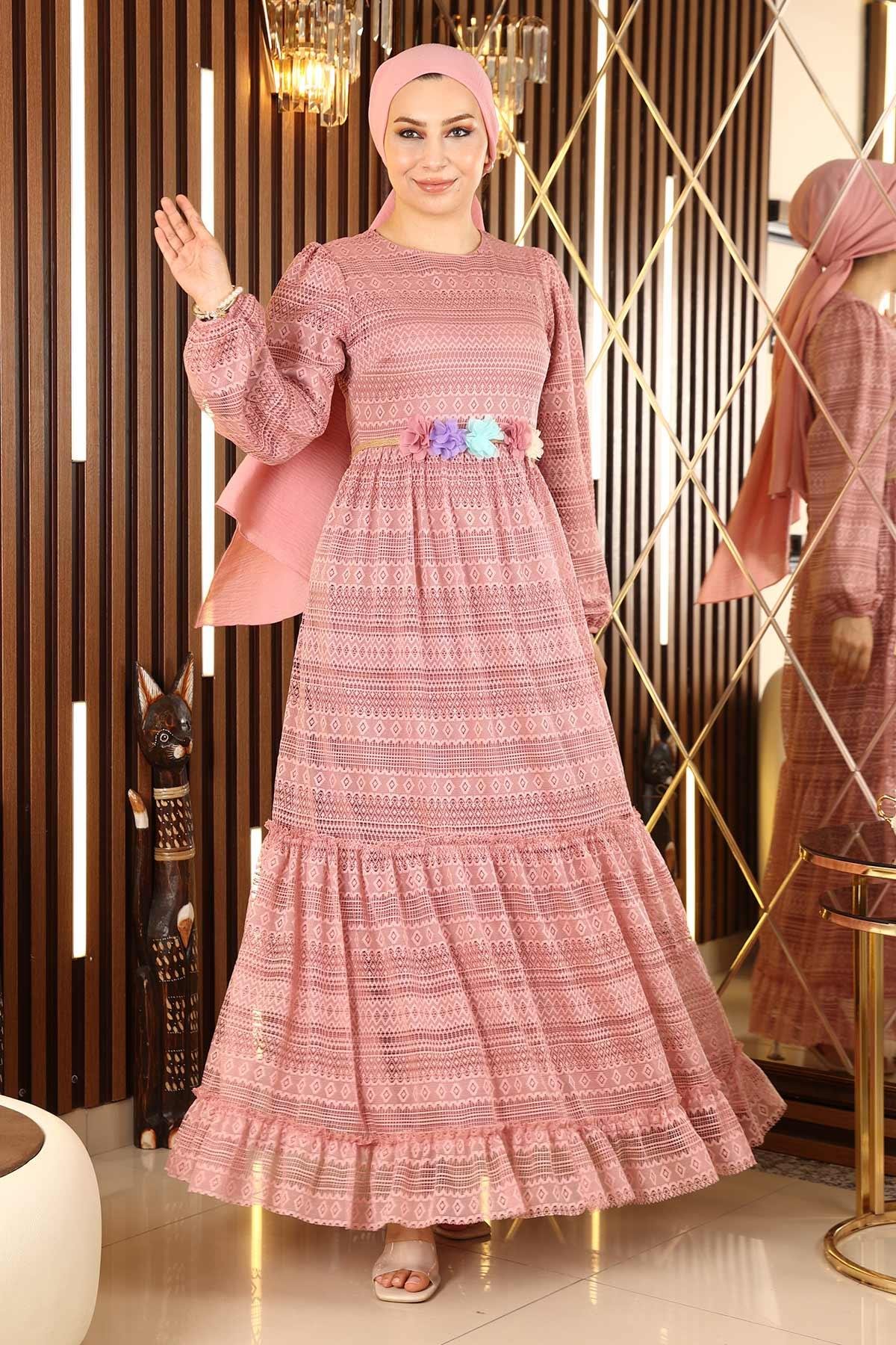 Dantelli Kemeri Çiçekli Elbise Pembe 10242