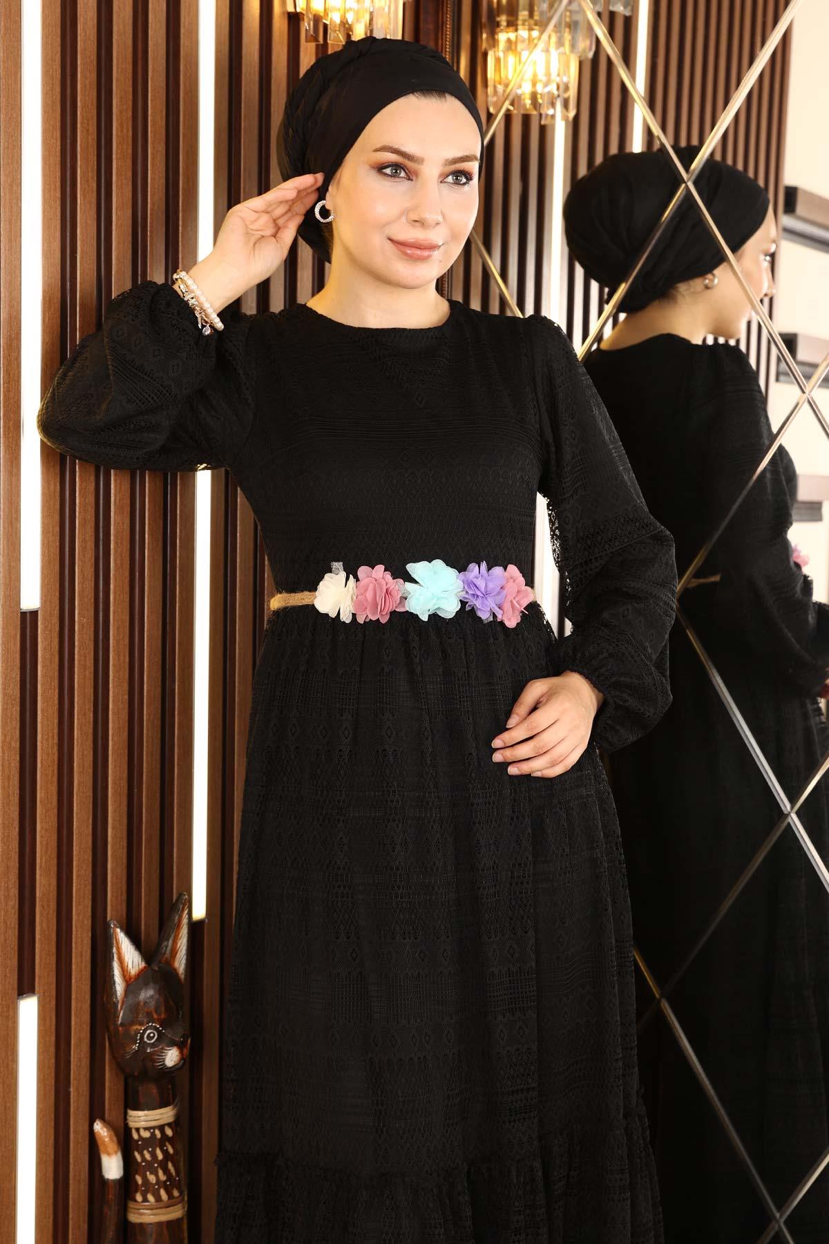 Dantelli Kemeri Çiçekli Elbise Siyah 10242