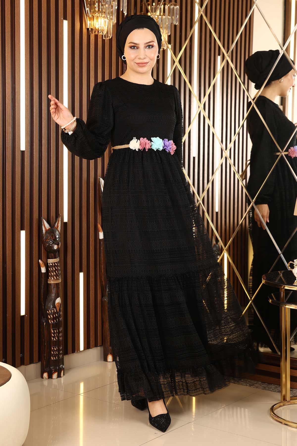 Dantelli Kemeri Çiçekli Elbise Siyah 10242