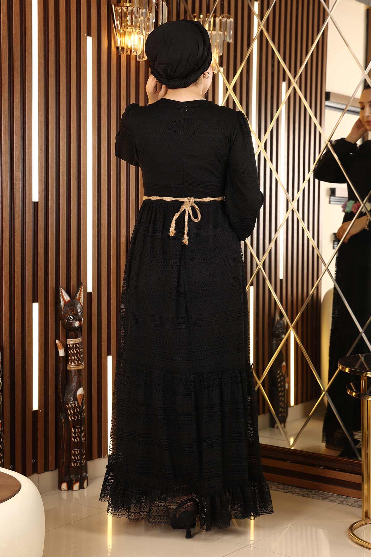 Dantelli Kemeri Çiçekli Elbise Siyah 10242