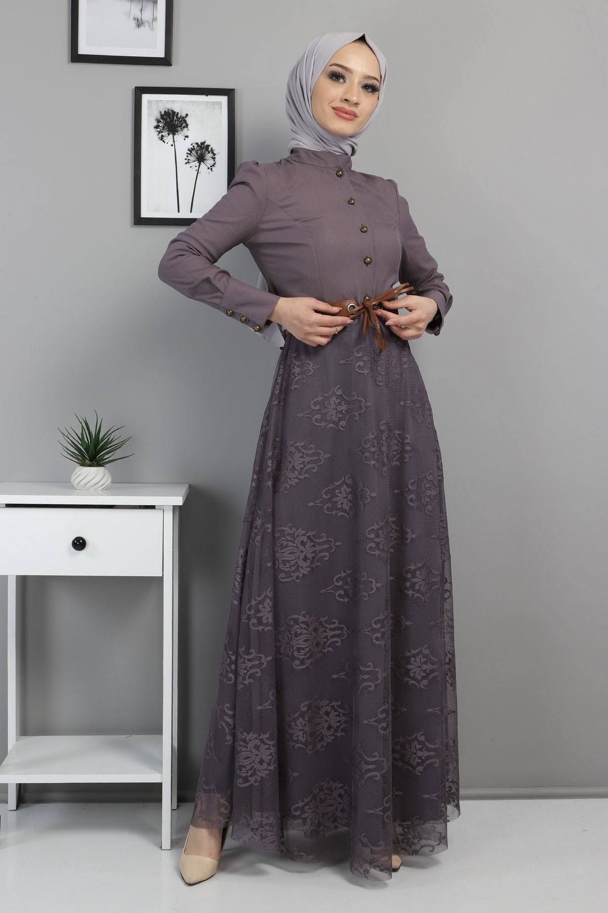 Dantelli Kemerli Elbise Antrasit 8649
