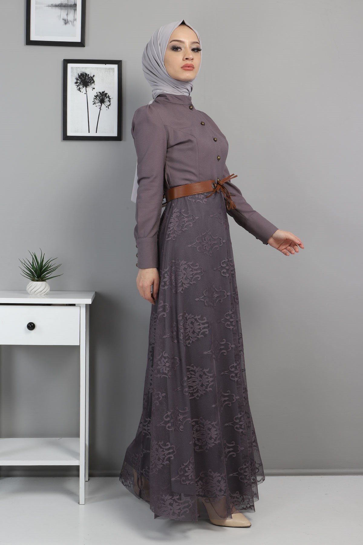 Dantelli Kemerli Elbise Antrasit 8649