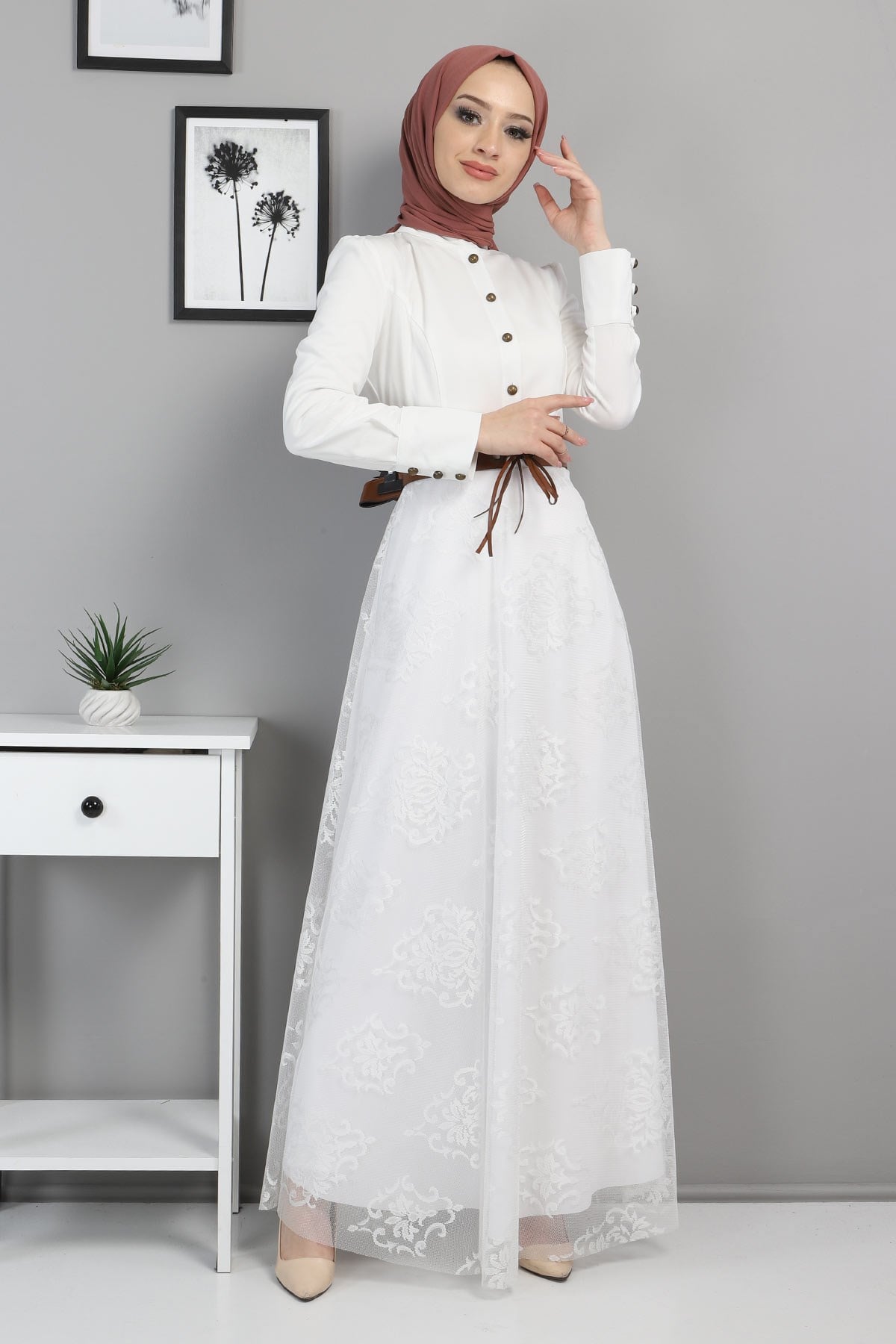 Dantelli Kemerli Elbise Beyaz 8649