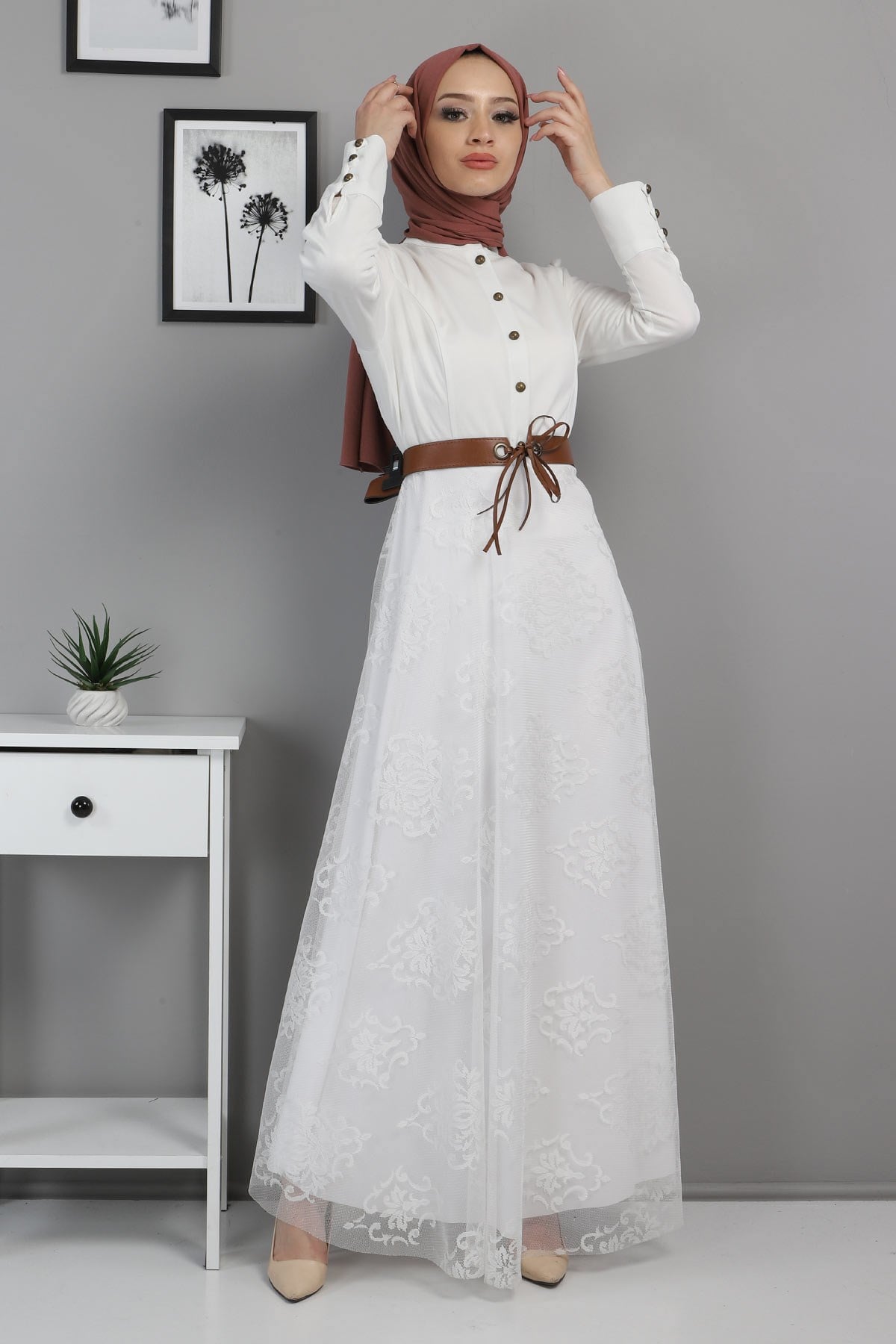 Dantelli Kemerli Elbise Beyaz 8649