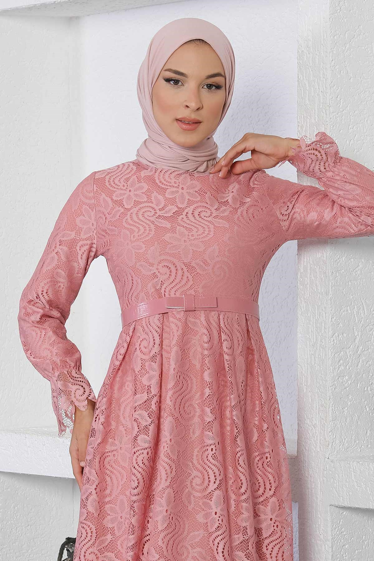 Dantelli Kemerli Elbise Pembe 17600