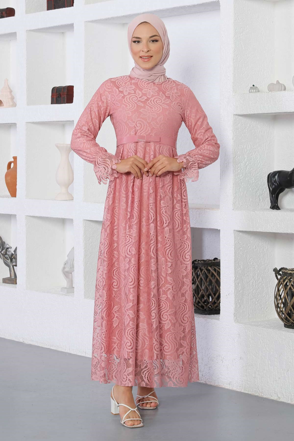 Dantelli Kemerli Elbise Pembe 17600