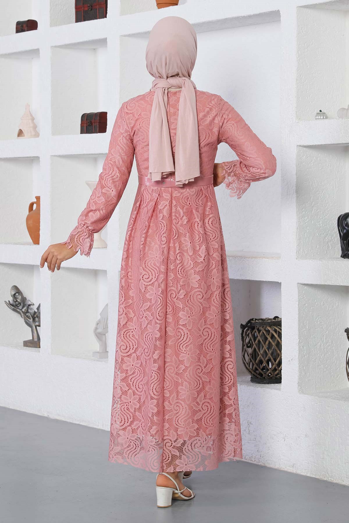 Dantelli Kemerli Elbise Pembe 17600
